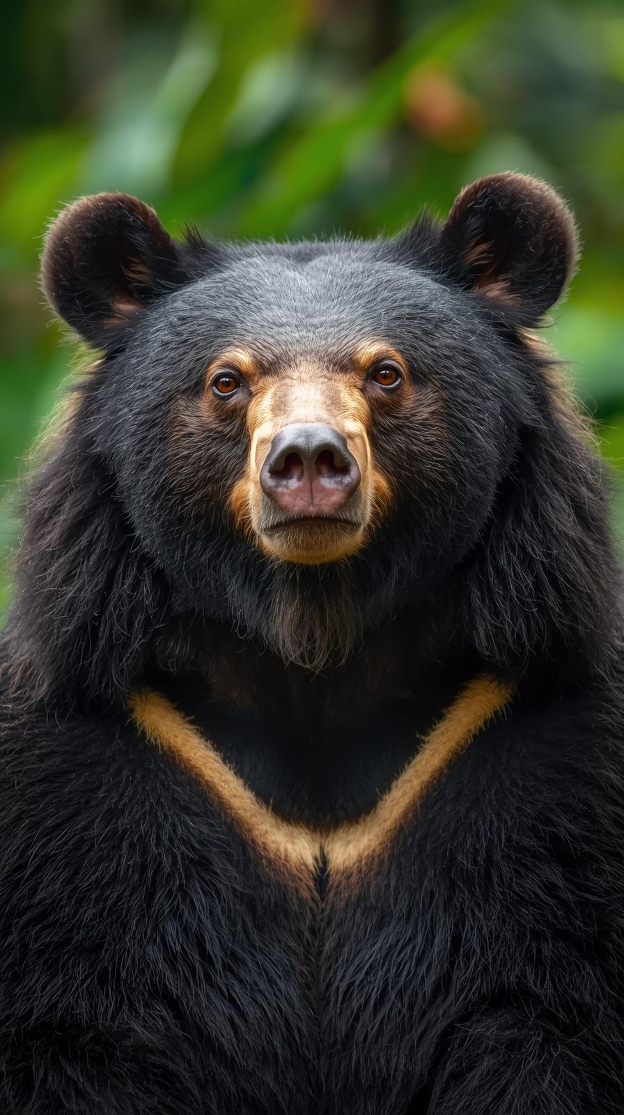 Close-up portrait of an Asian black bear with a golden V marking, looking intently.
