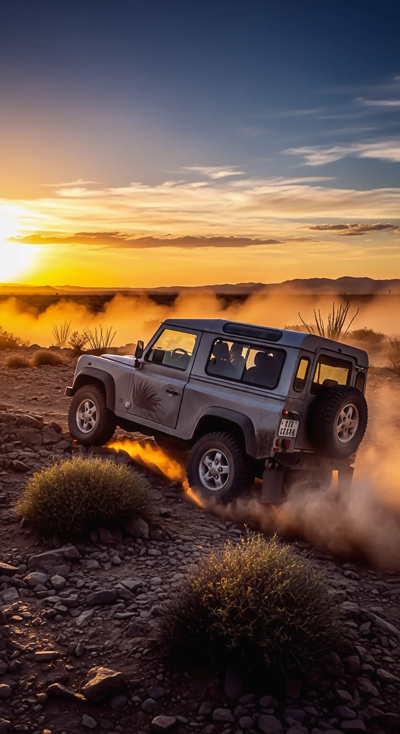 Off-road car iPhone wallpaper: Classic SUV driving on a dusty desert trail at sunset, car wallpaper 4k for mobile.