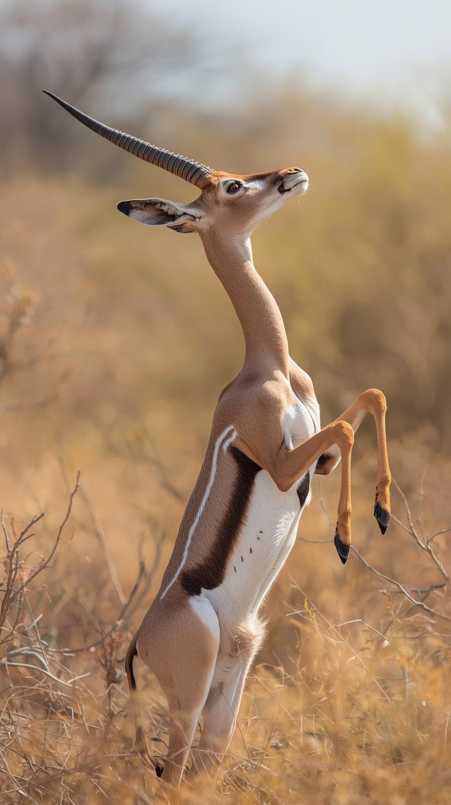 A graceful gazelle standing on its hind legs in a golden African savannah landscape.