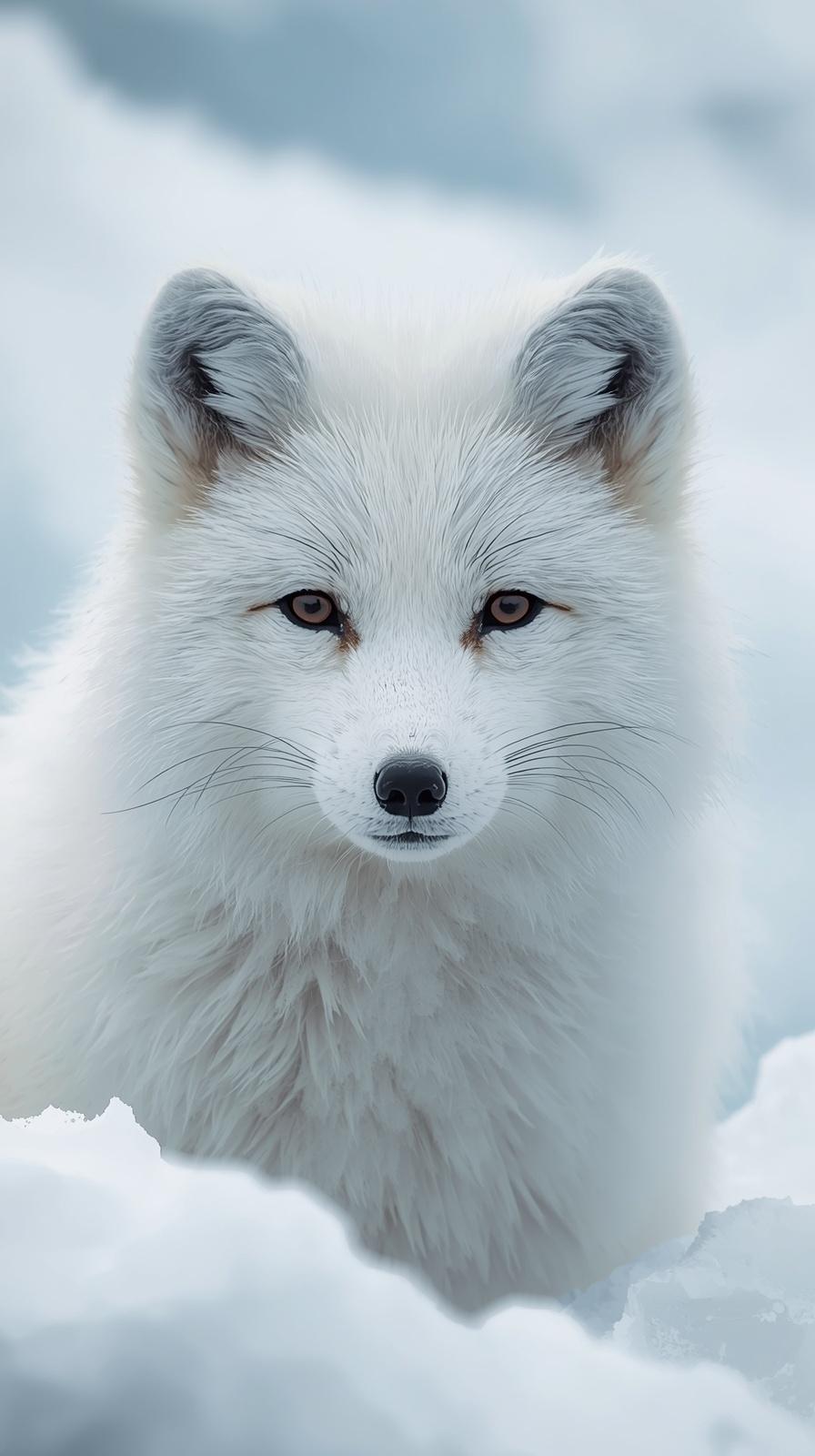 A majestic white Arctic fox staring intensely against a snowy, blurred winter background.