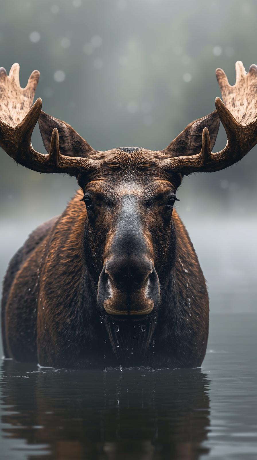 Majestic moose in water, calm and powerful wildlife portrait.