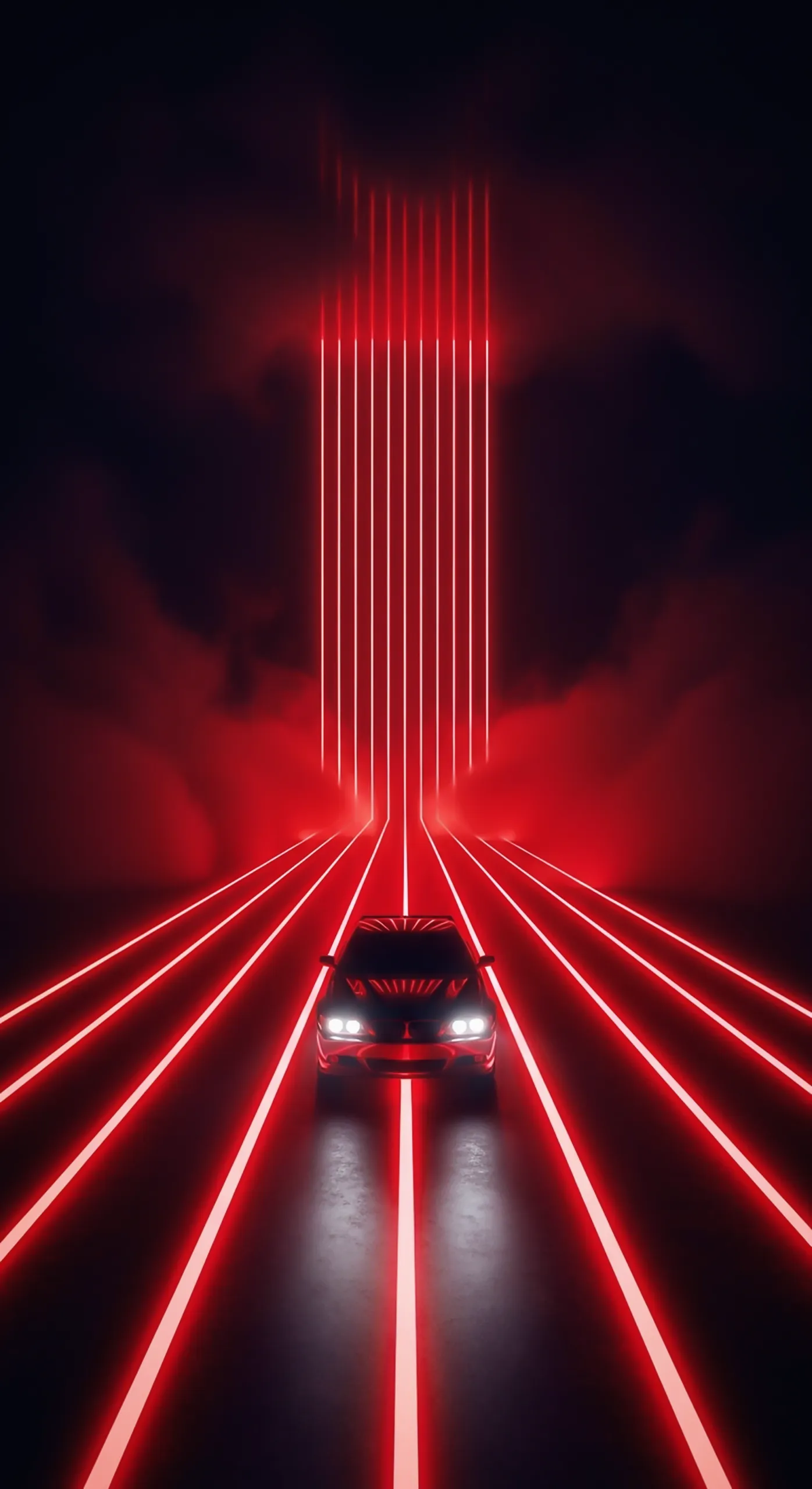 Futuristic red neon car on a glowing road, available as car iPhone wallpaper and 4k mobile car wallpaper.