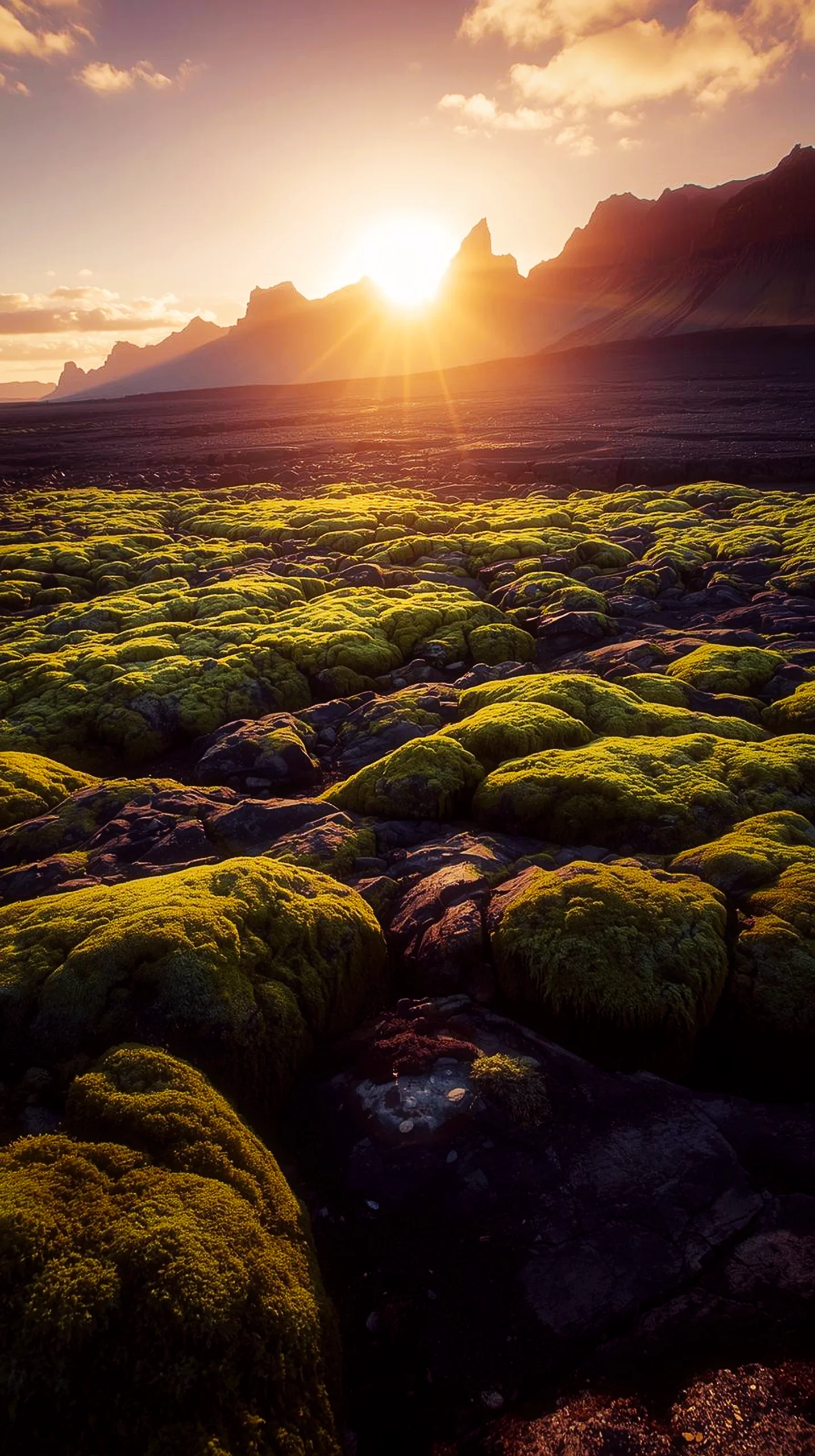 A beautiful 4K mobile wallpaper showing vibrant green moss on dark rocks during a warm sunset.