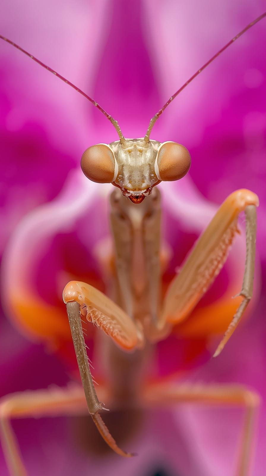 Captivating macro shot of a praying mantis on a vibrant pink orchid.