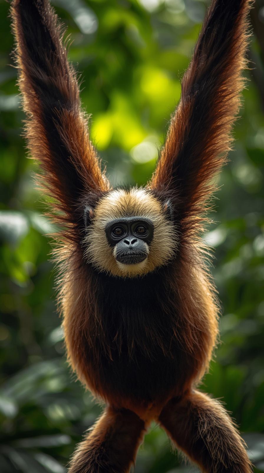 A close-up portrait of a gibbon hanging in a lush green forest setting.