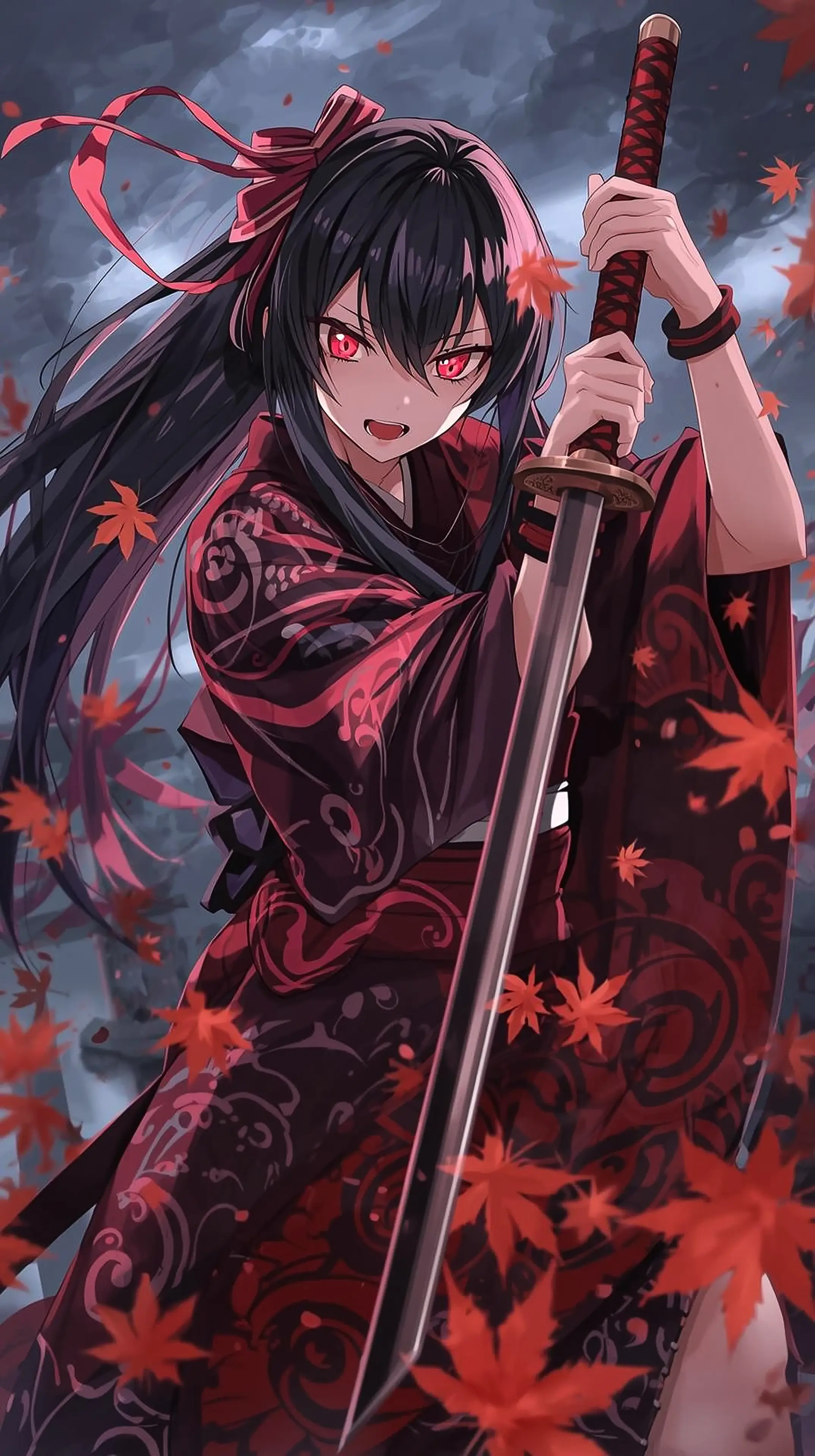 4k wallpaper for mobile Intense Demon Slayer Style Girl Long Black Hair Red Ribbon Katana Pose Crimson Leaves Swirling Dark Cloudy Background