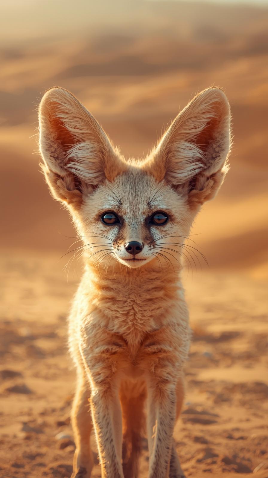 A cute fennec fox with large ears standing in a golden desert.