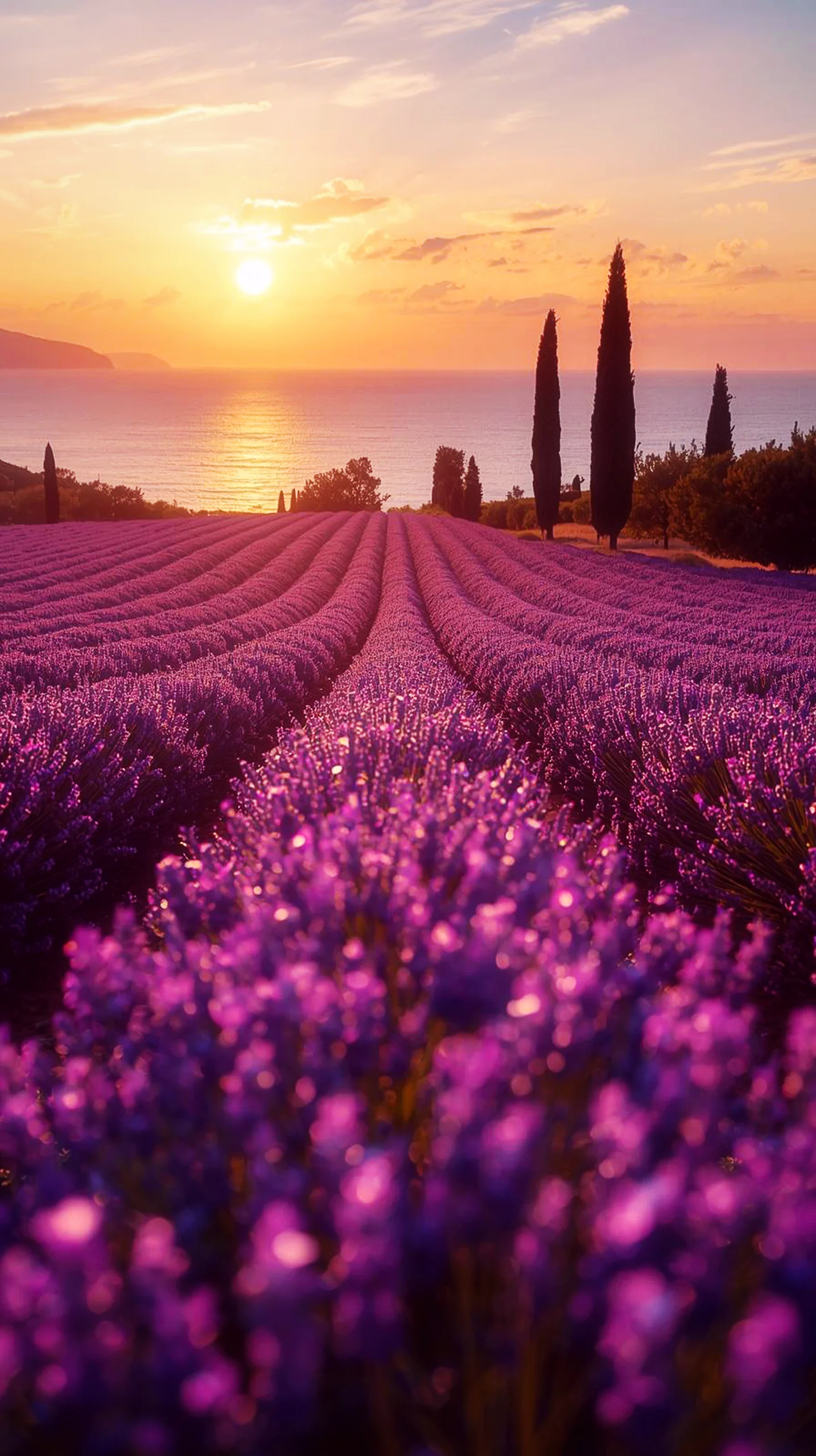 Lavender field at sunset, beautiful iphone wallpaper 4k, cute 4k wallpaper for iphone, 4k backgrounds iphone 4k.