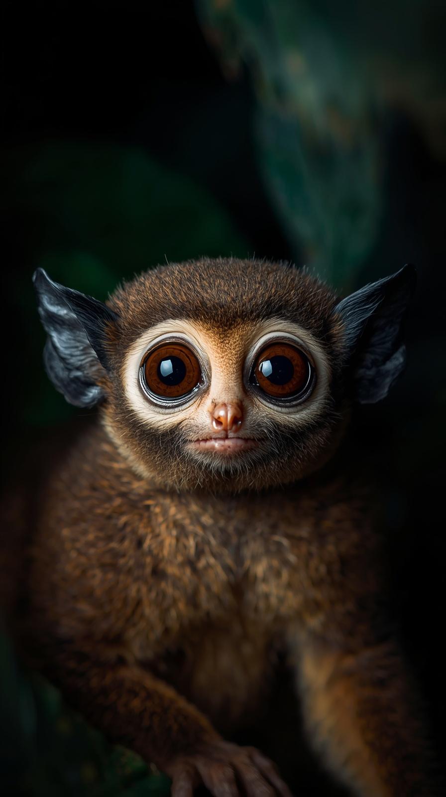 Close up portrait of a cute tarsier with large eyes in dark forest background.
