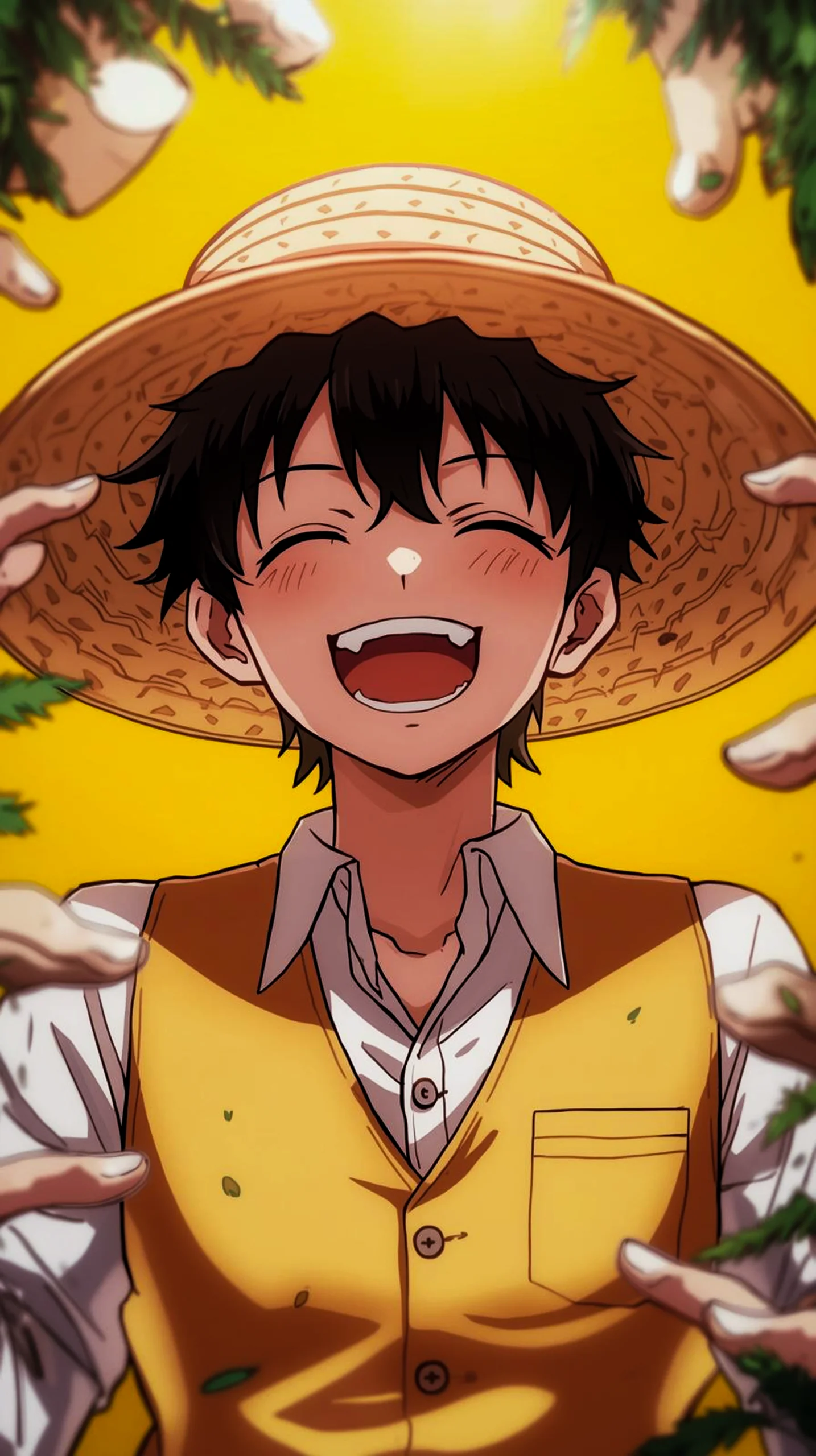 cheerful anime boy in straw hat wallpaper for phone 4K
