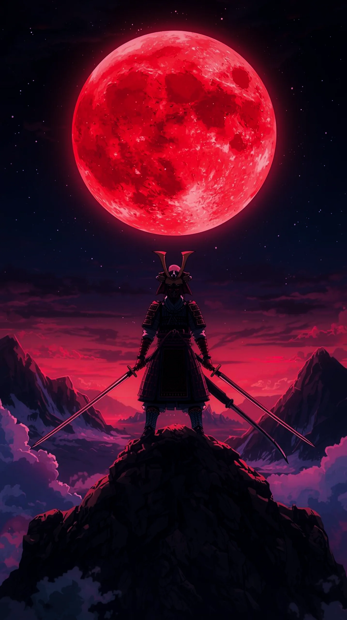 dark samurai warrior under blood moon wallpaper for phone 4K