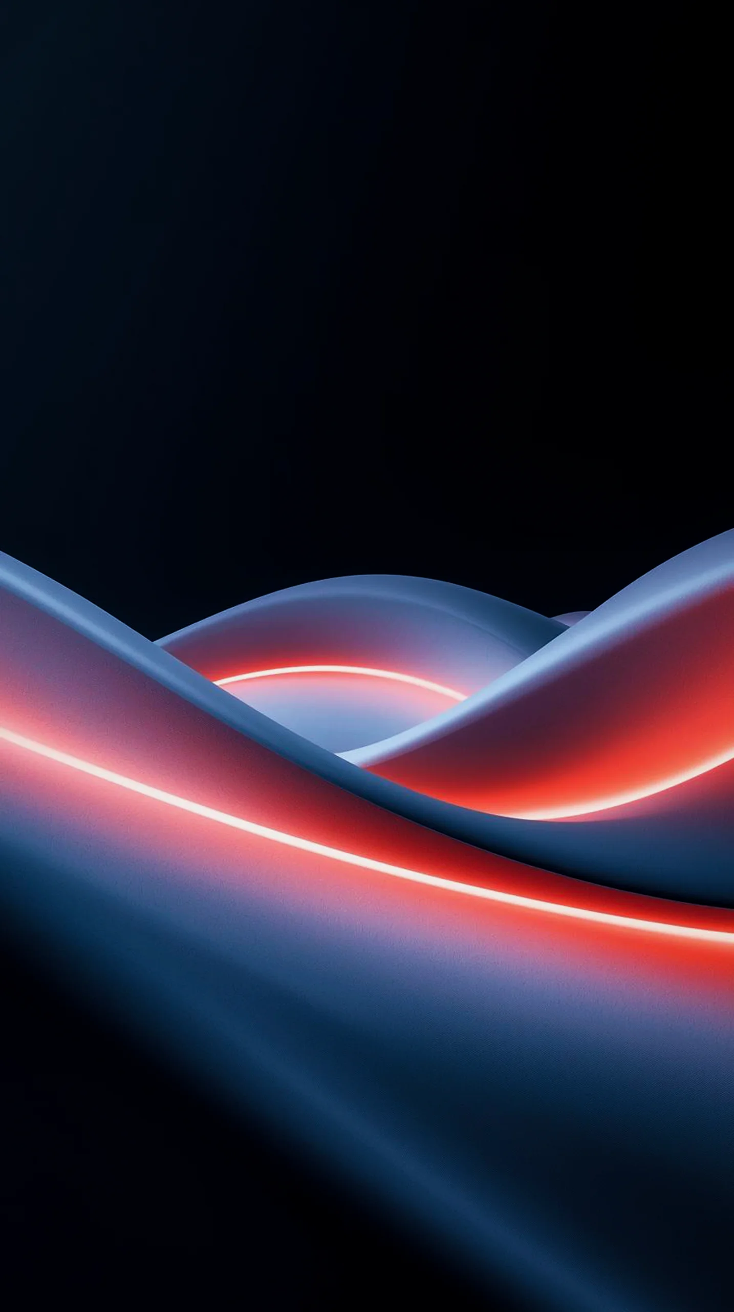A dark AMOLED mobile wallpaper featuring abstract flowing waves with vibrant red neon light strips against a deep black