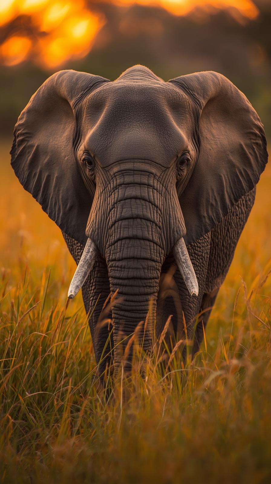Majestic African elephant standing in golden savanna grass at sunset.