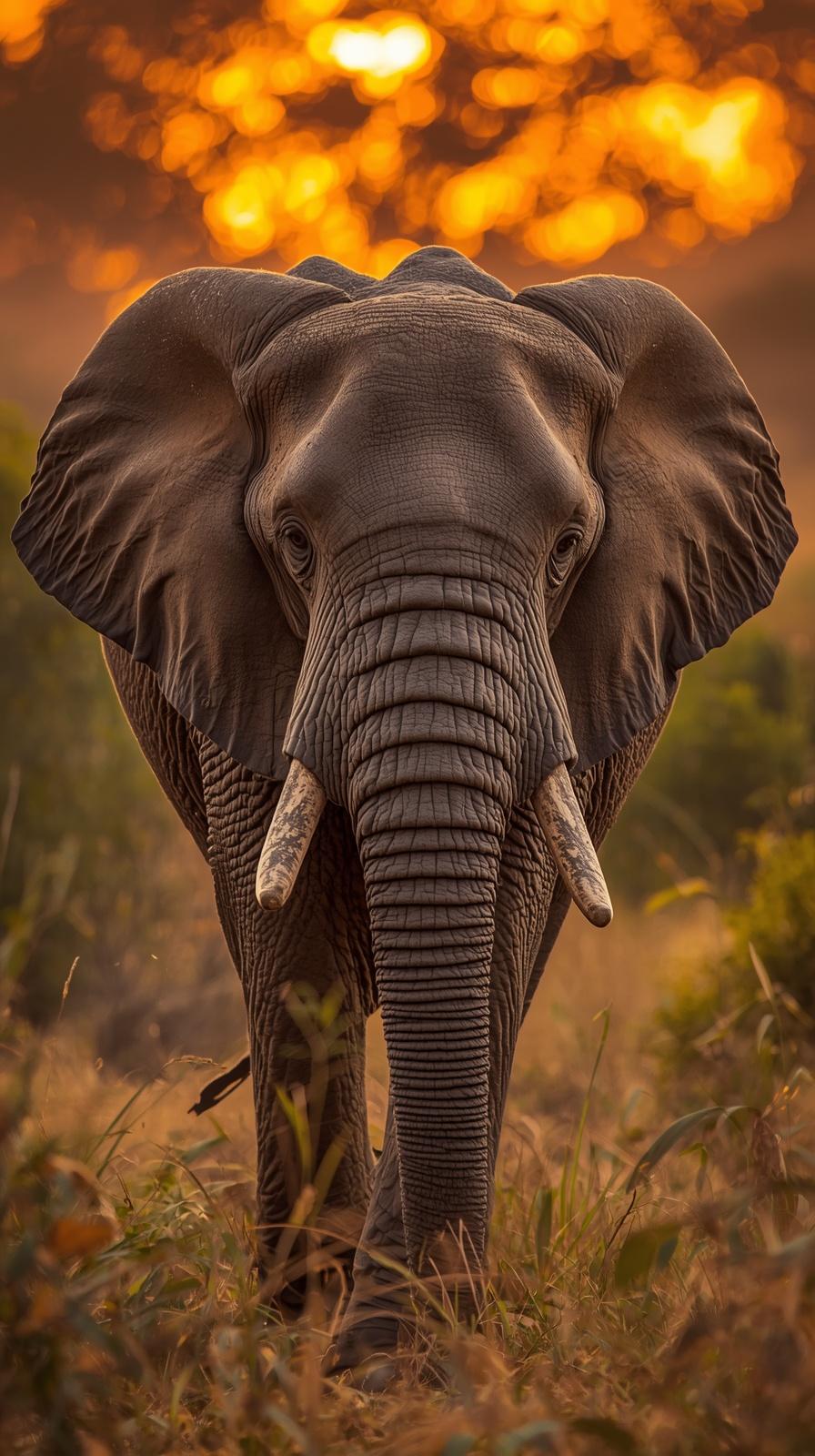 A majestic African elephant walks through tall grass during a beautiful golden sunset.