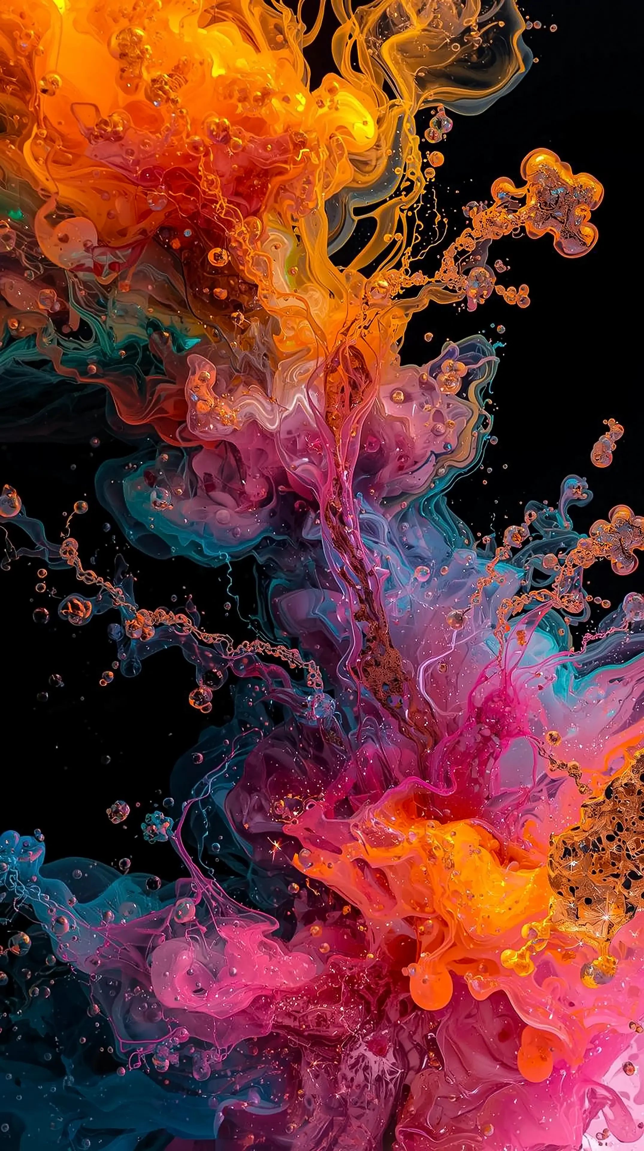 4k wallpaper for mobile Vibrant Orange Pink Fluid Explosion, Psychedelic Iridescent Ink Swirls with Golden Yellow Bursts on Black Background