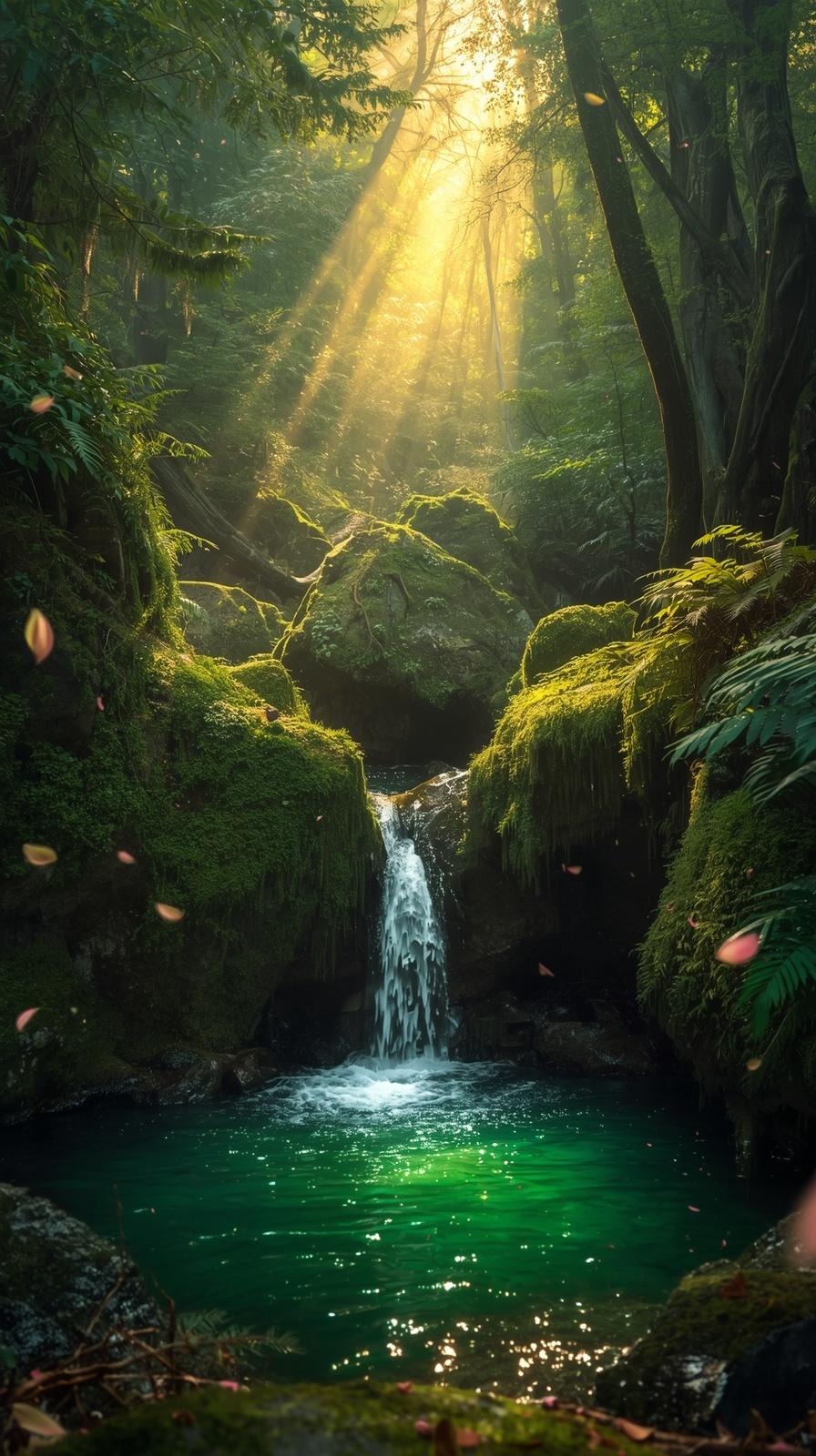 Mossy ancient forest with dramatic shaft of golden sunset