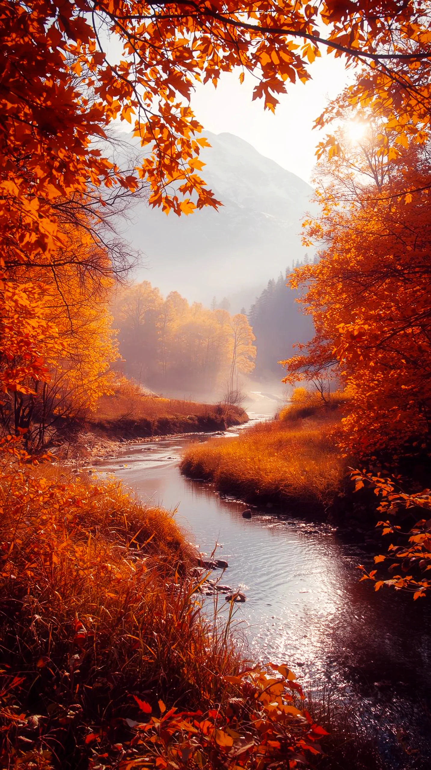 Autumn Forest River 4K Mobile Wallpaper: Golden Nature Scenery