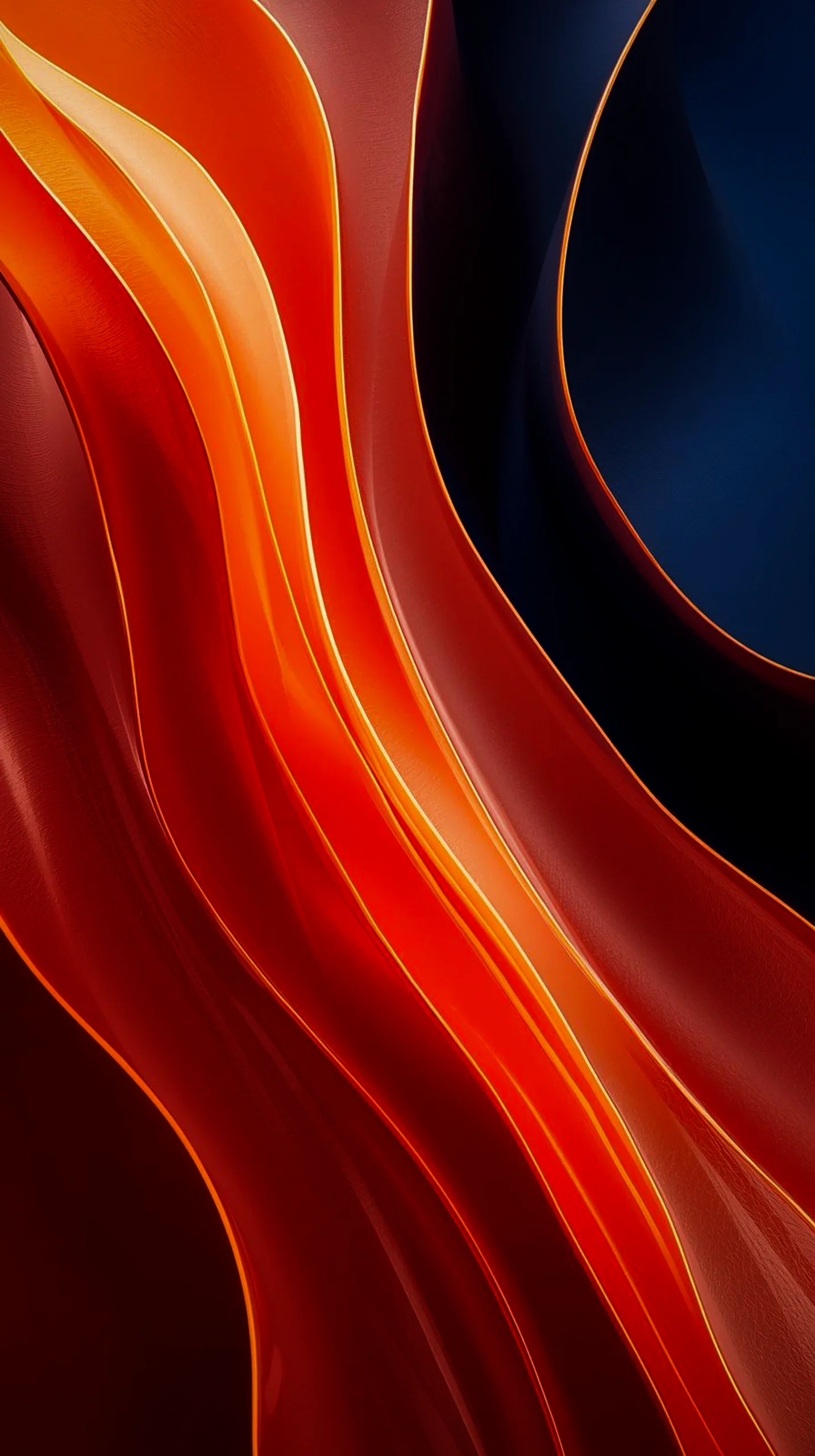 A dark AMOLED mobile wallpaper with flowing orange and red abstract curves in 4K resolution.