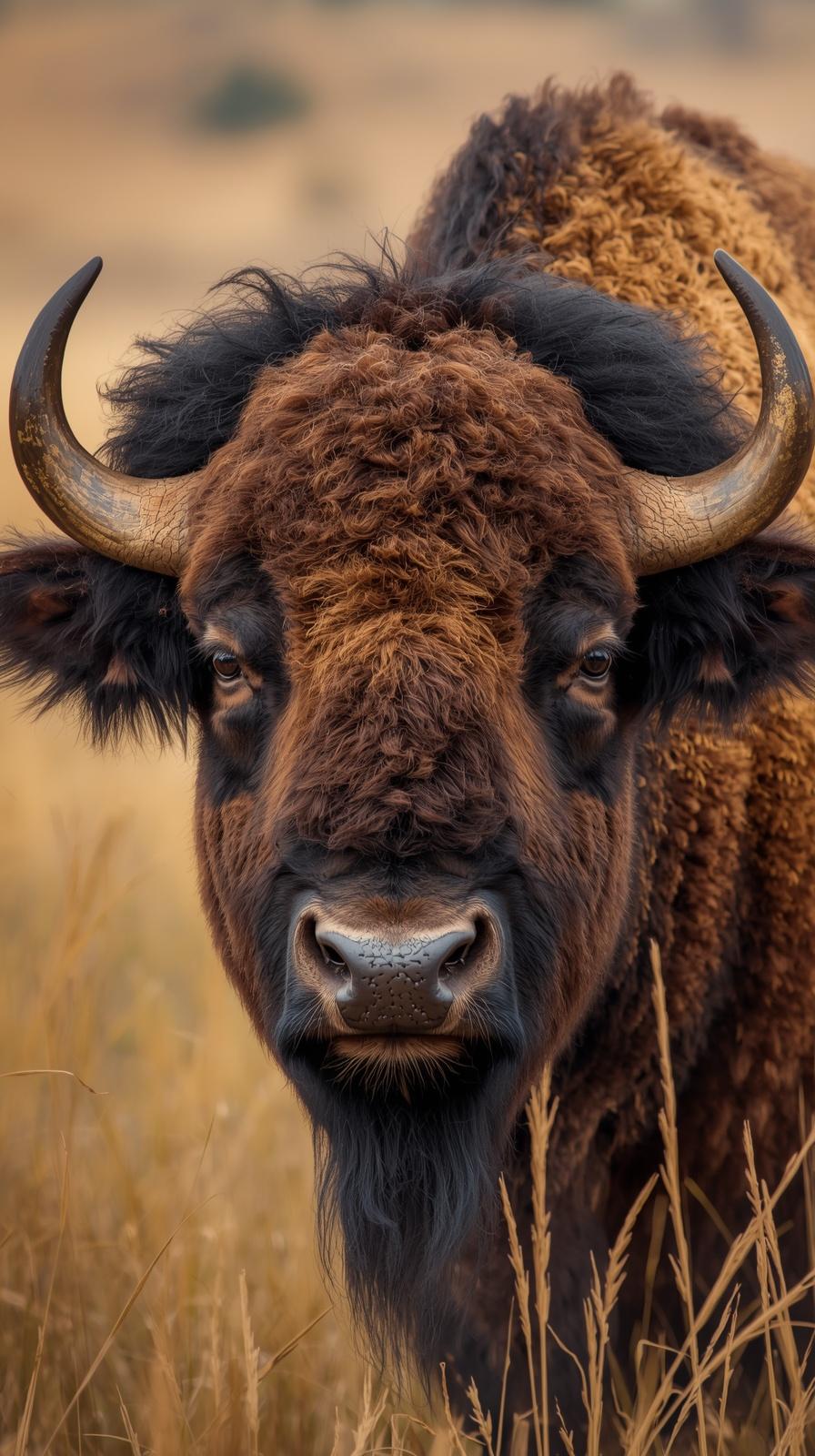 Majestic American Bison close-up in golden field, powerful and serene.