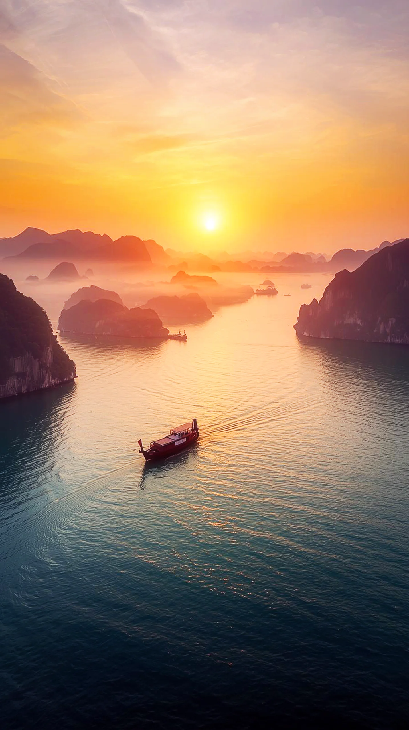 Sunset misty islands, boat, iphone wallpaper 4k, 4k wallpaper for mobile, wallpaper for phone, cute 4k wallpaper for