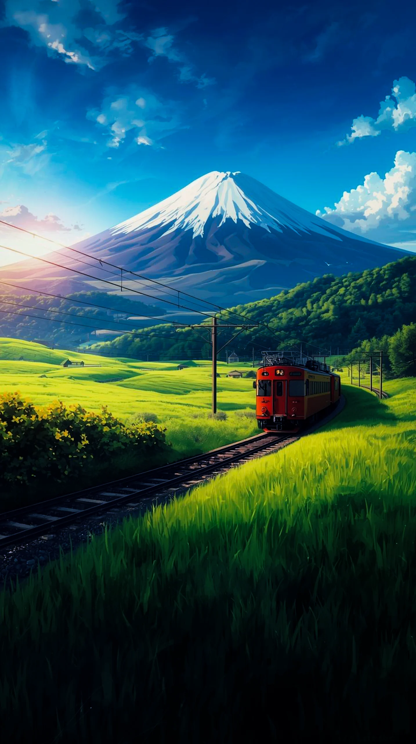 scenic Mount Fuji train wallpaper for phone 4K HD