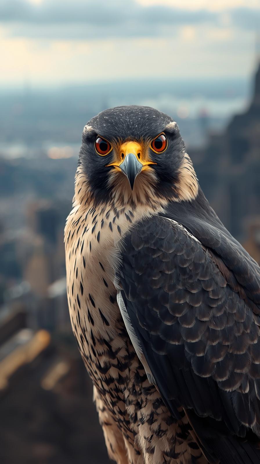Close-up of a peregrine falcon with intense eyes, overlooking a city.