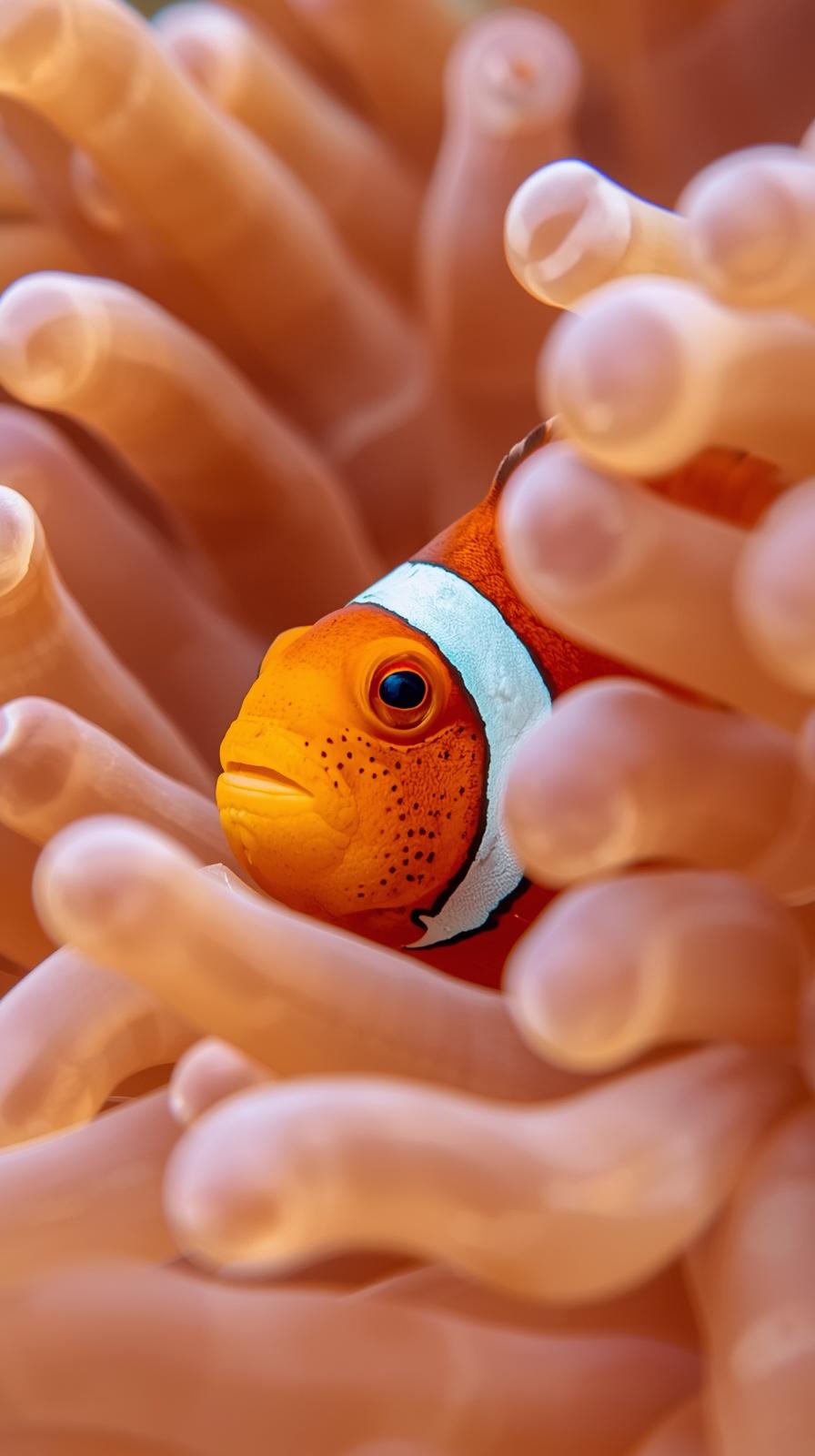 A vibrant orange clownfish hiding inside soft, glowing, translucent pink sea anemone tentacles.
