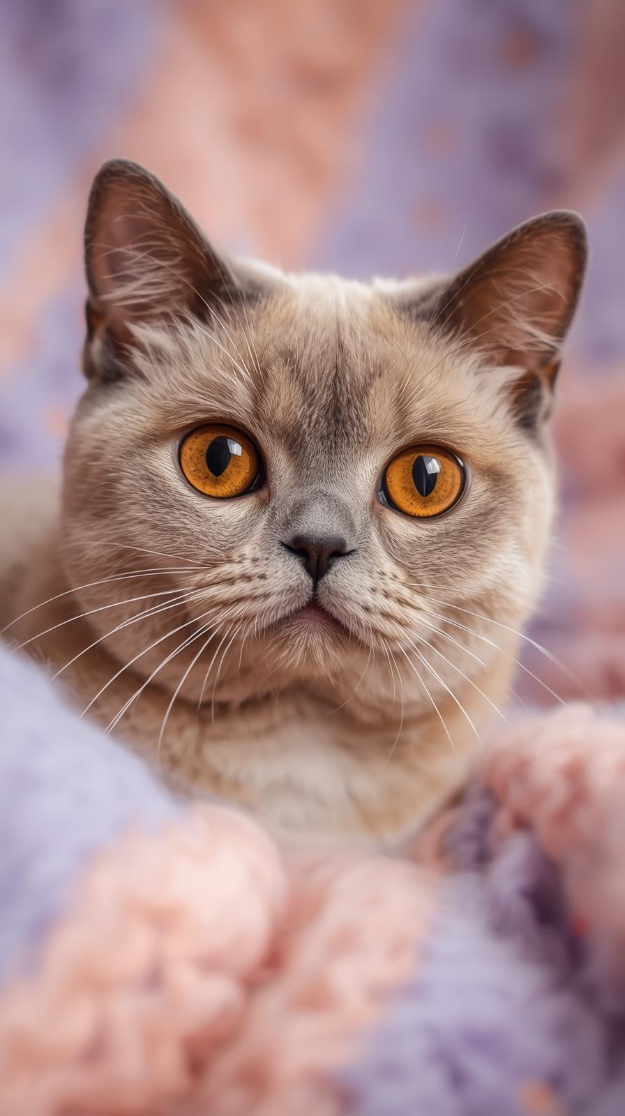Close up portrait of a cute cat with amber eyes on cozy blanket