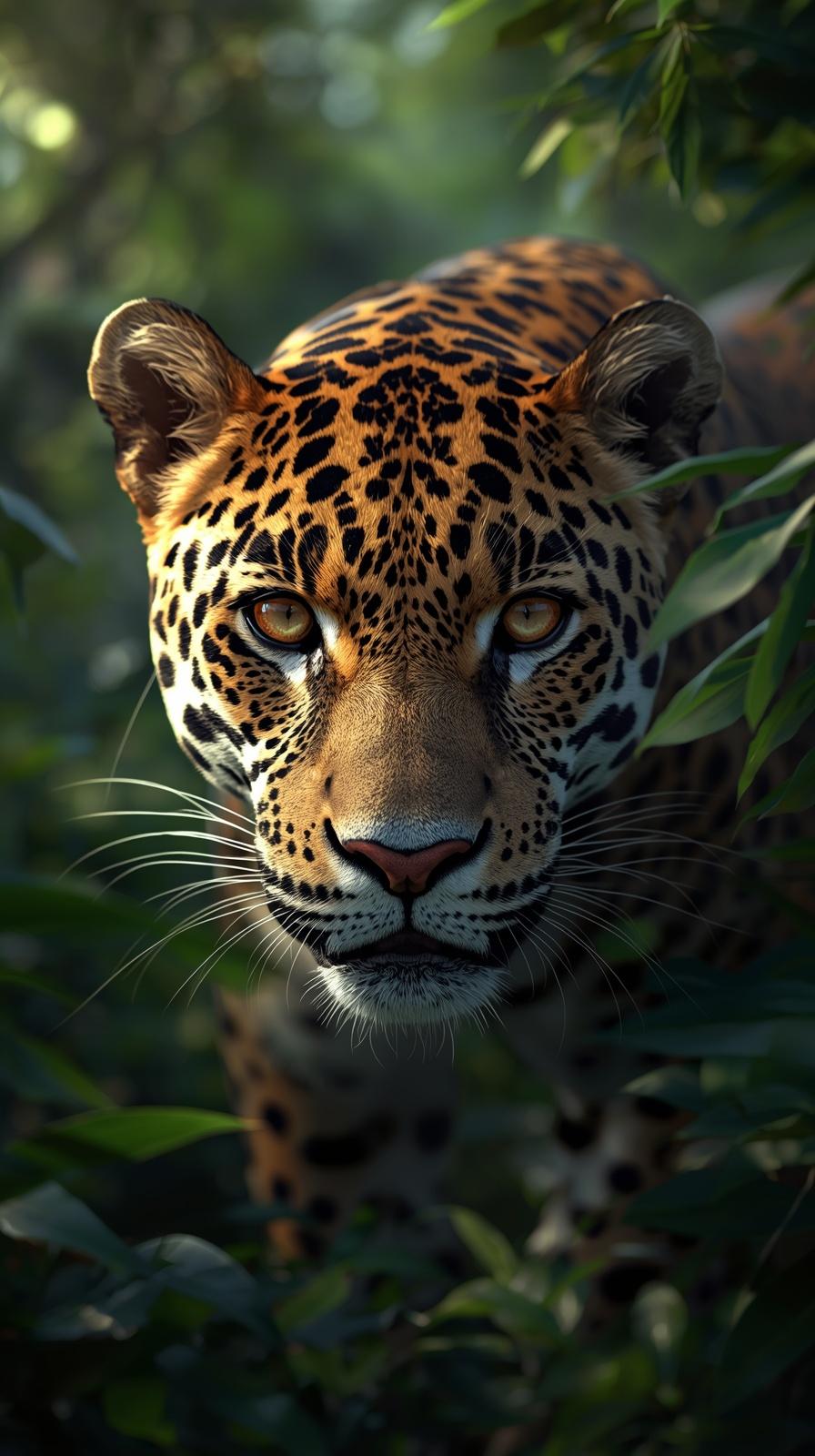 A majestic leopard staring intensely through lush green jungle leaves in high resolution.
