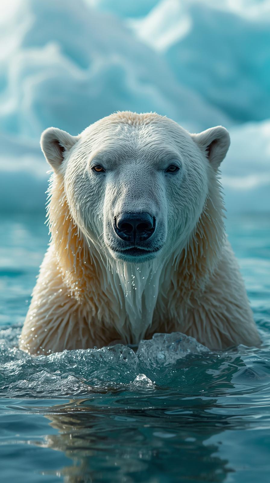 Majestic polar bear swimming in cool blue arctic water, high quality nature wallpaper.