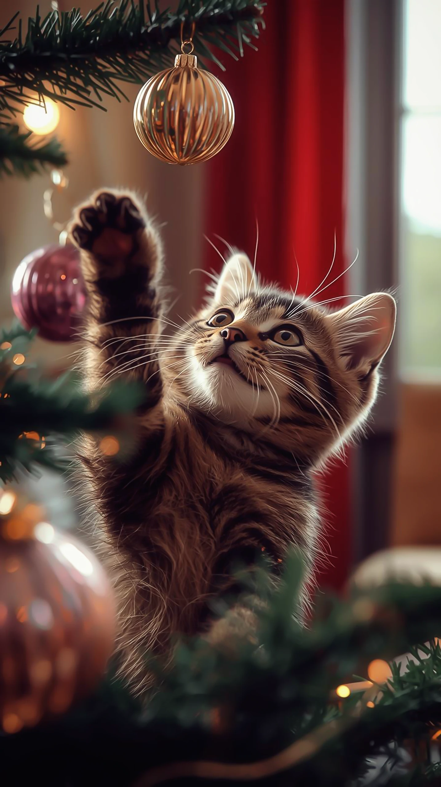 Cat Phone Wallpaper — Kitten Playing With Christmas Ornament