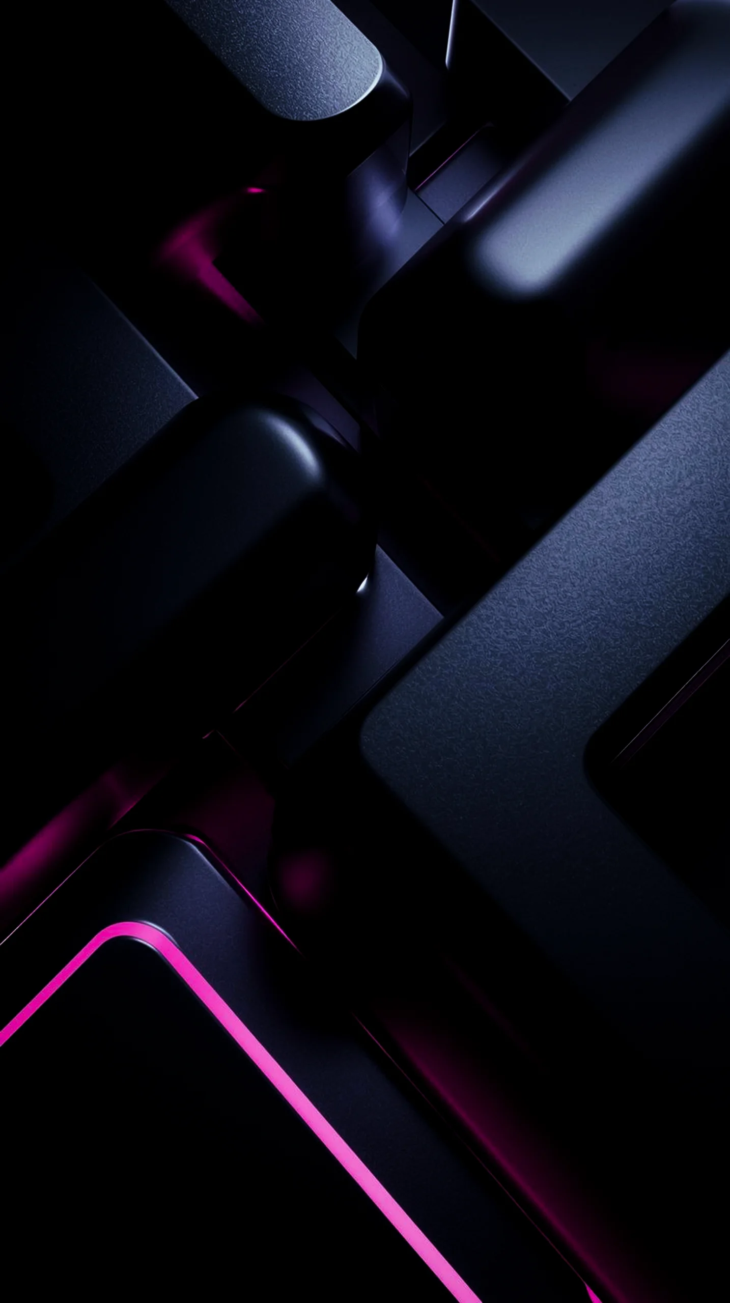 Dark abstract 4K mobile wallpaper with glowing pink neon edges and geometric shapes.