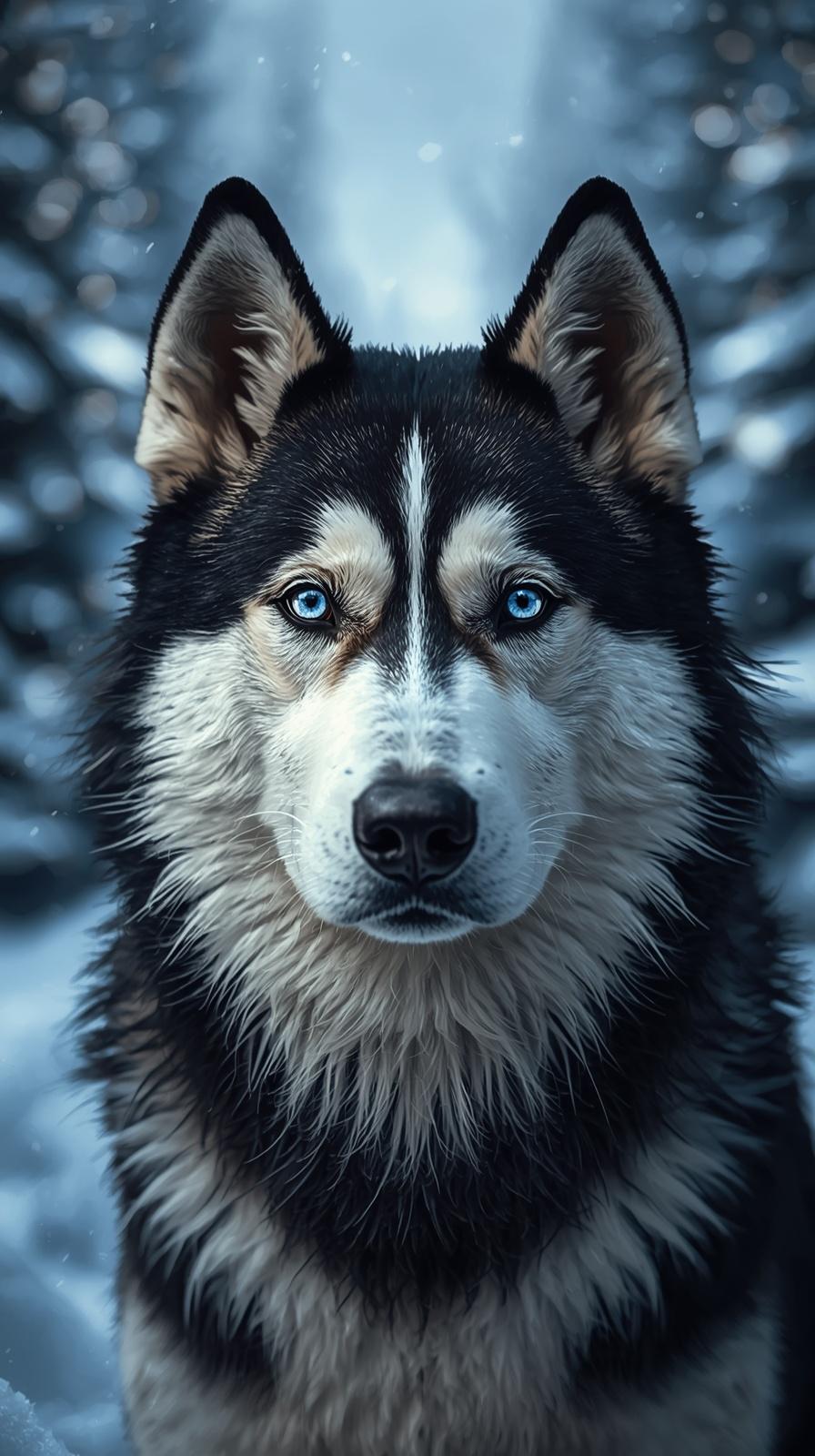 Close-up of a husky dog with blue eyes in a snowy forest.