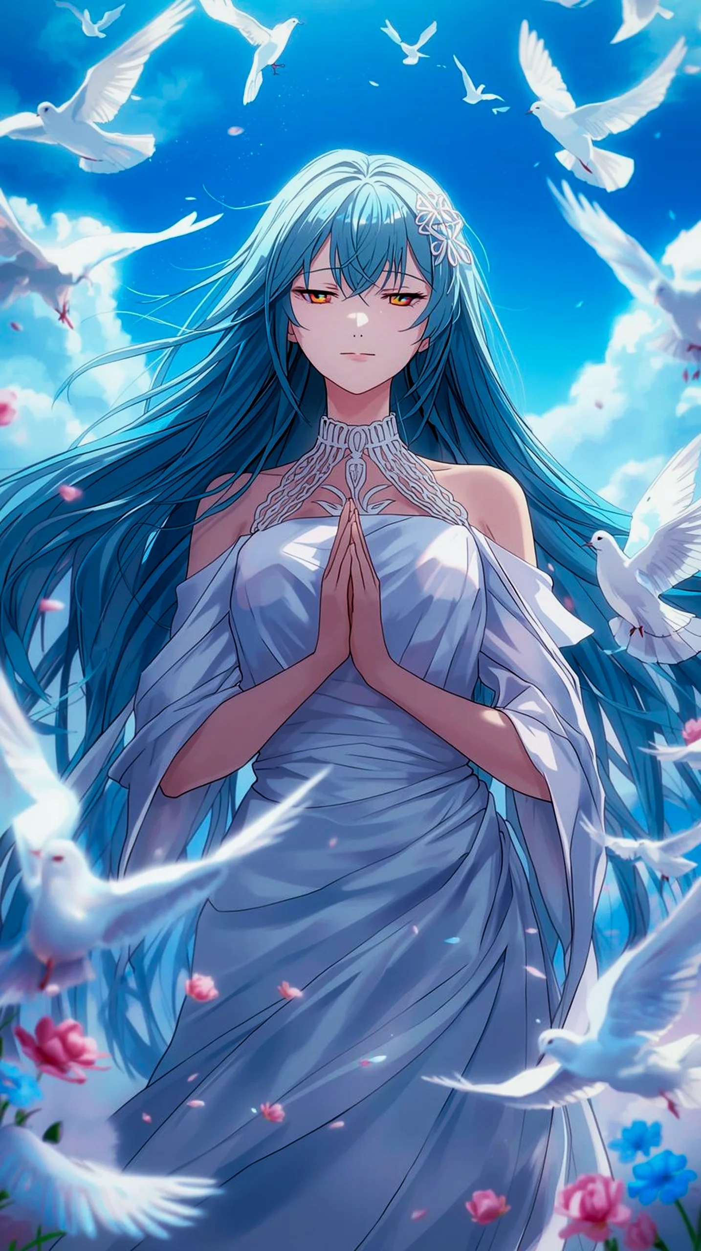 anime girl with blue hair praying with doves wallpaper iPhone 4K