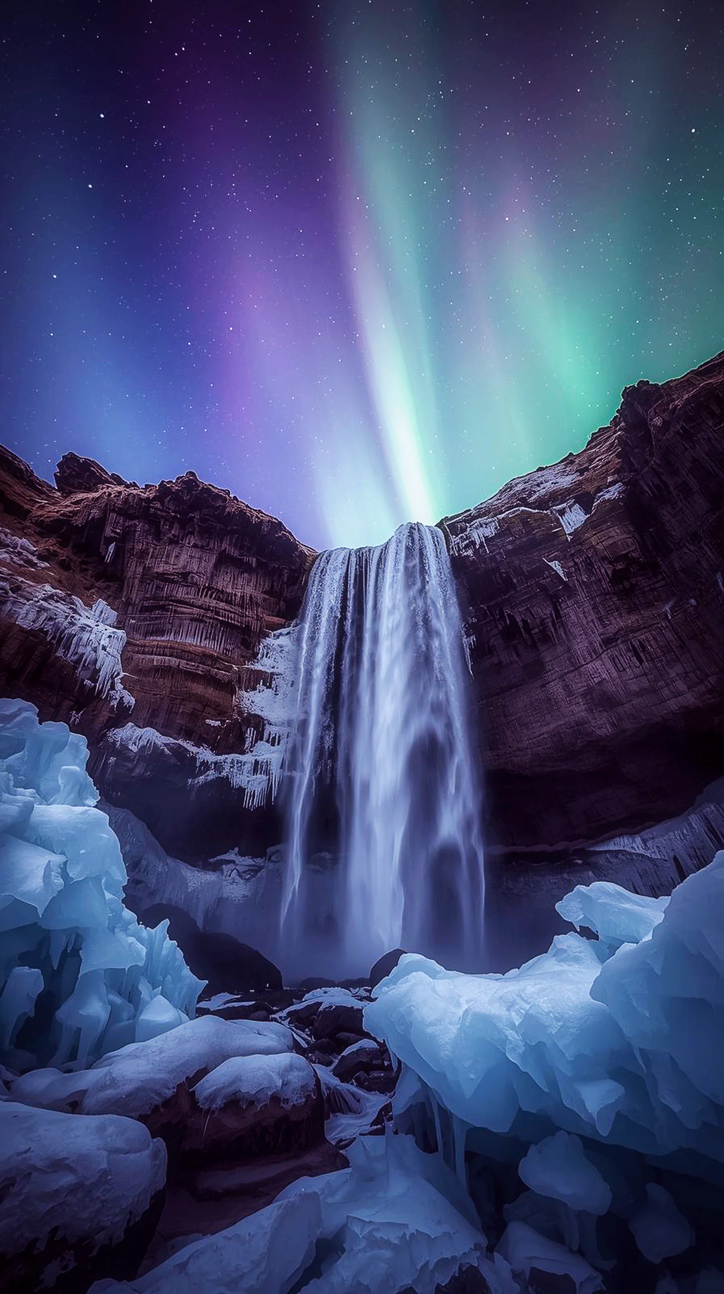 Aurora borealis over an icy waterfall, a beautiful iphone wallpaper 4k and 4k wallpaper for mobile, perfect wallpaper