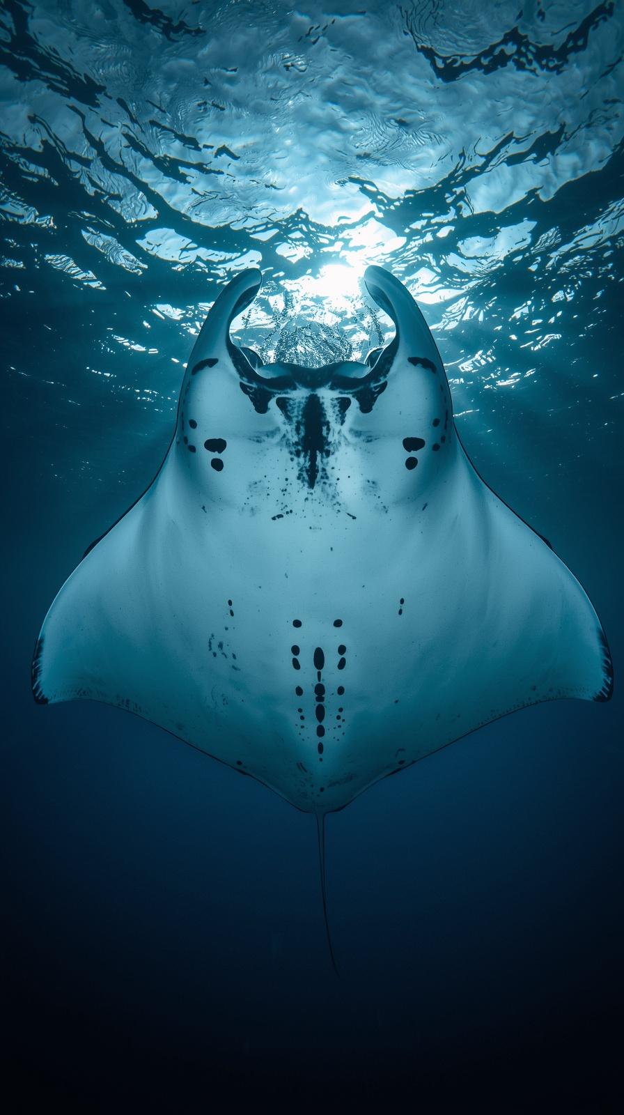 A majestic manta ray swimming gracefully beneath the shimmering ocean surface in deep blue.