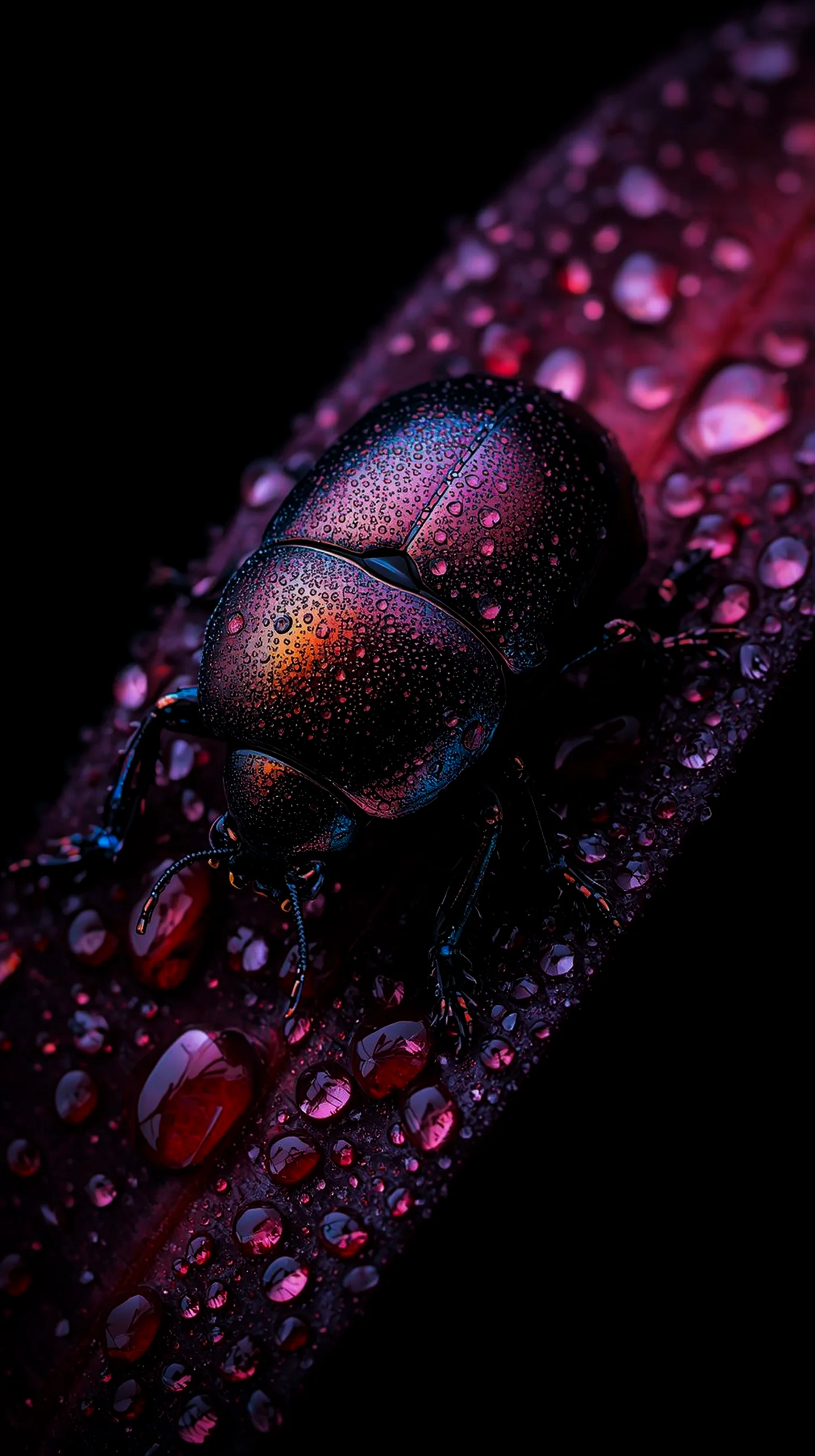 Iridescent beetle on a dew-covered leaf, dark background. AMOLED wallpaper 4K for mobile, iPhone wallpaper 4K, 4K