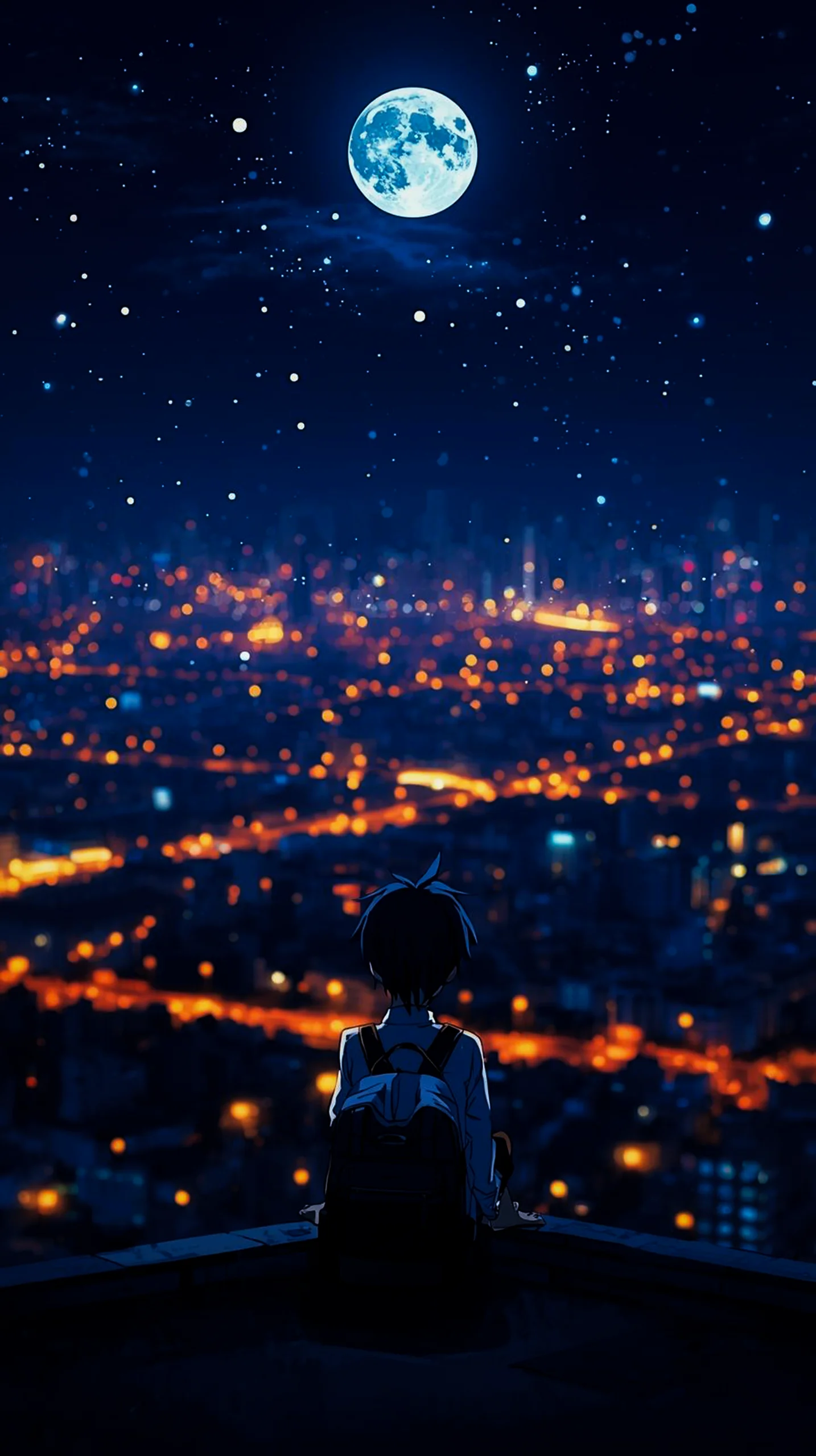 anime character watching city lights and blue moon wallpaper for phone 4K