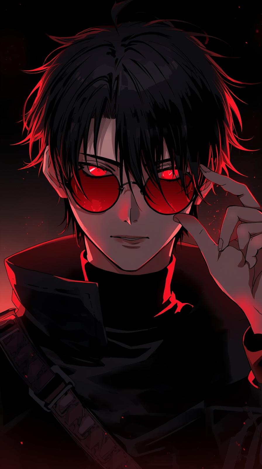 Title: 4k backgrounds iphone – Dark aesthetic anime boy with messy black hair and glowing red round glasses peering through deep shadows in a minimalist high-contrast style.