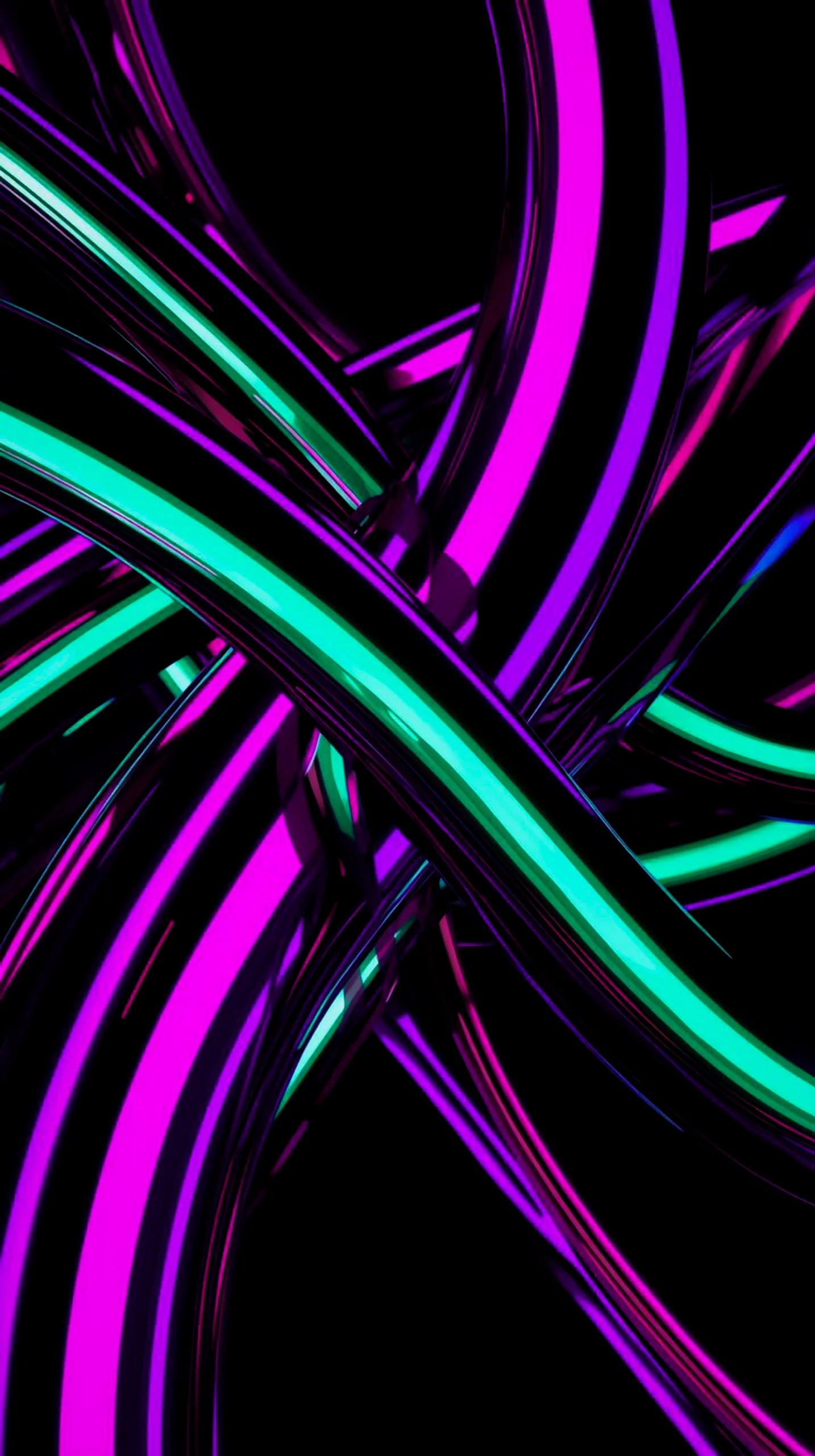 Abstract 3D neon pink and teal glowing pipes on a pitch black background for mobile devices.