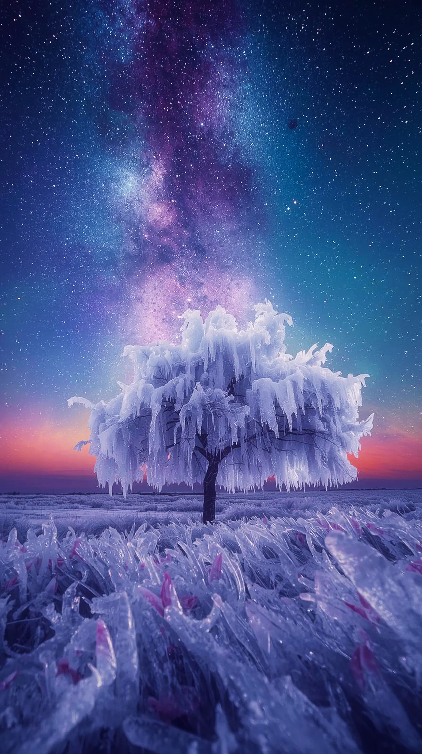 Frozen tree under galaxy sky, iphone wallpaper 4k, 4k wallpaper for mobile, cute 4k wallpaper for iphone, 4k backgrounds