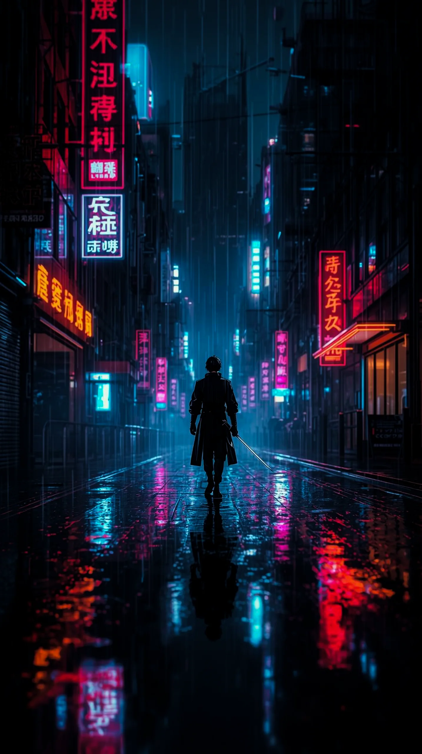 moody cyberpunk samurai in rainy neon city wallpaper for iPhone 4K