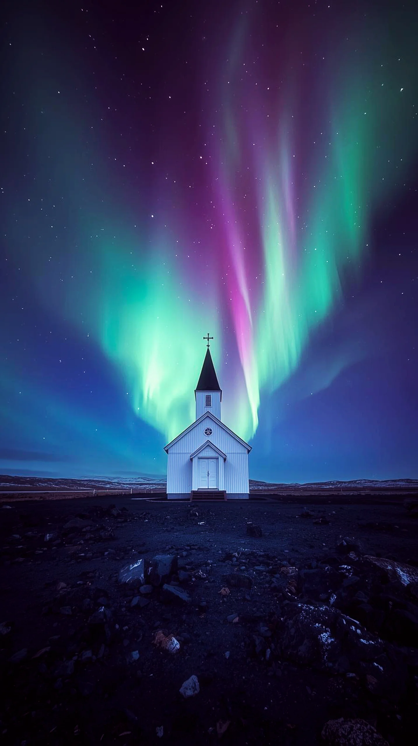 A white church standing under a vibrant display of green and purple aurora borealis in a starry night sky.
