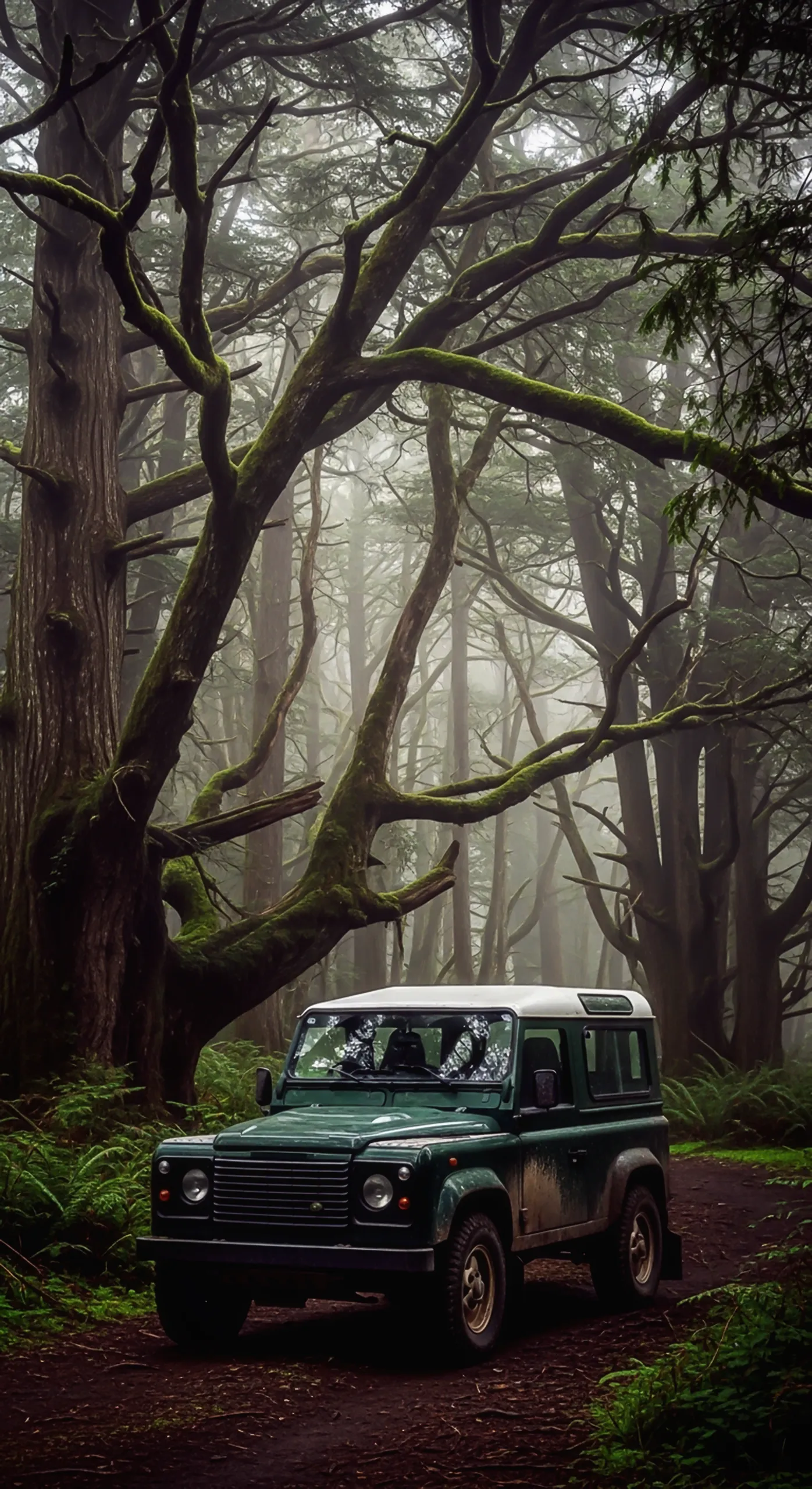A rugged green Land Rover Defender in a misty forest, perfect for a car iPhone wallpaper or a car wallpaper 4K for