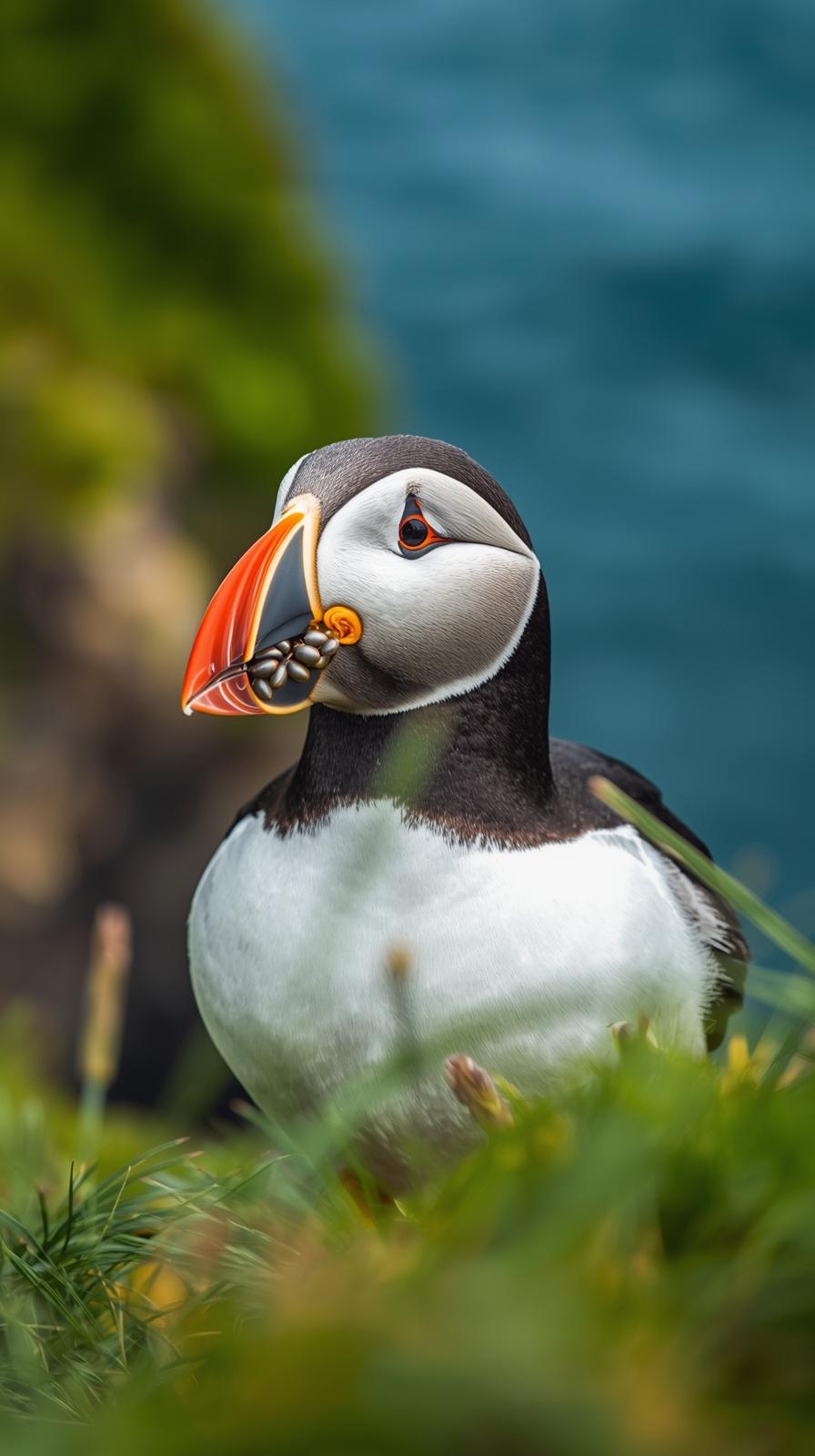 Captivating Atlantic puffin with colorful beak holding fish, natural wildlife scene.