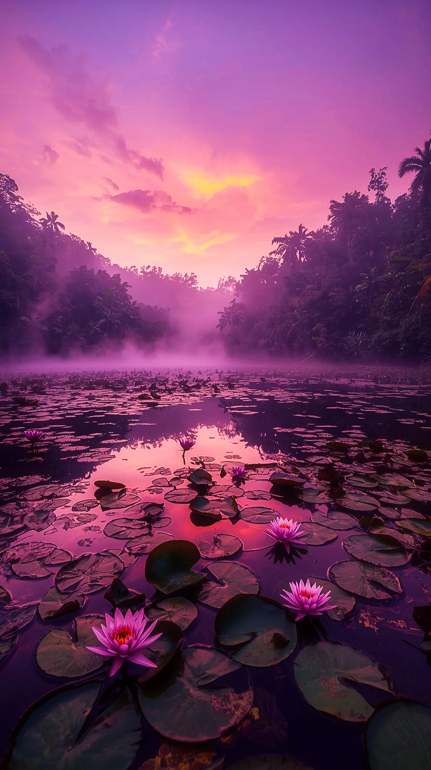 4K iPhone wallpaper of pink lotus flowers on a misty lake at sunrise. Cute 4K wallpaper for mobile phone and iPhone 4K