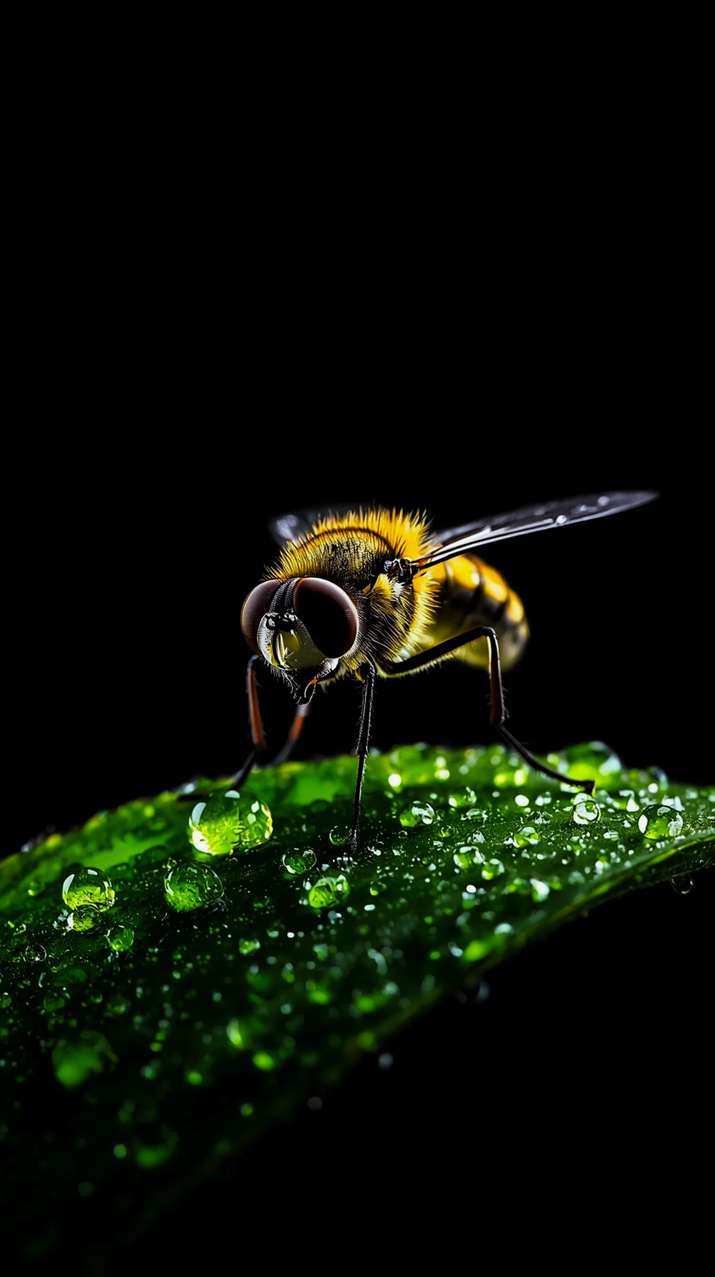 Macro bee on leaf amoled wallpaper 4k for mobile, iphone wallpaper 4k, 4k wallpaper for phone, 4k background iphone.