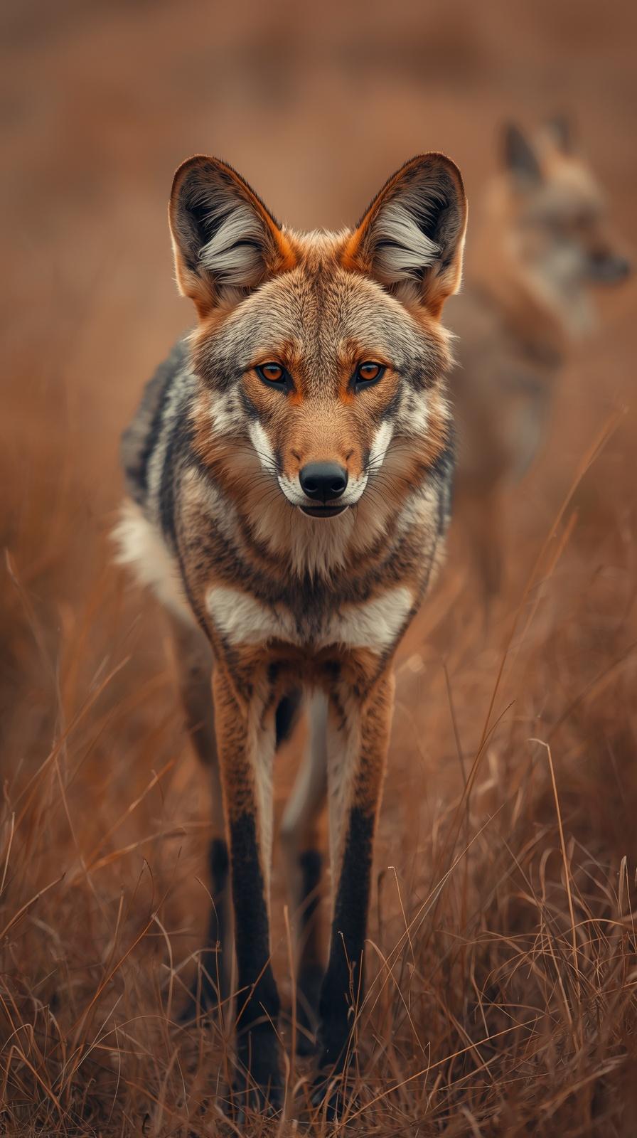 A majestic coyote standing in tall golden grass with a warm, serene atmosphere.