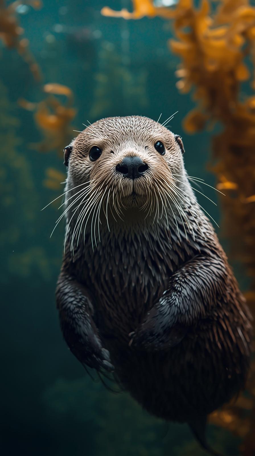 A cute otter swimming underwater with golden kelp in the background.