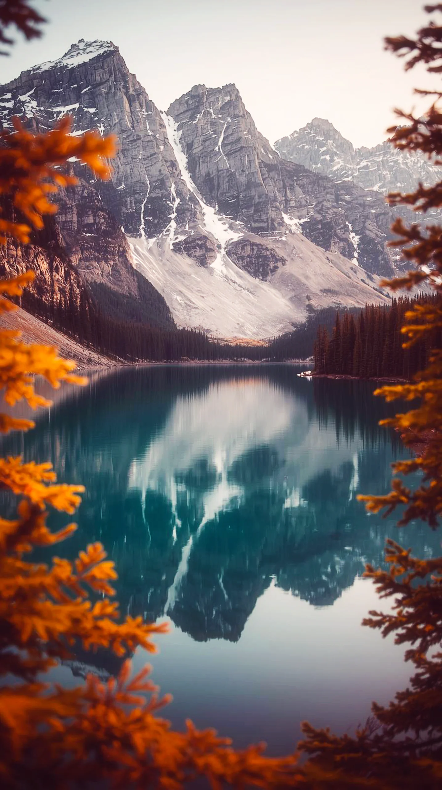 4K iPhone wallpaper of a tranquil lake reflecting snow-capped mountains, with autumn trees in the foreground. Ideal 4K